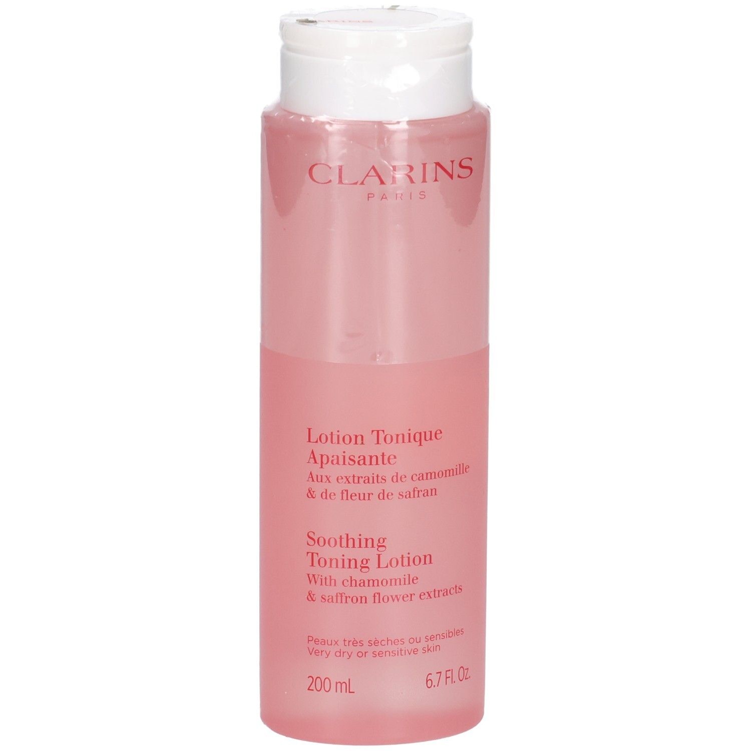 Lotion Tonique Apaisante Clarins dans un flacon rose transparent avec un bouchon rabattable blanc. 200 ml.