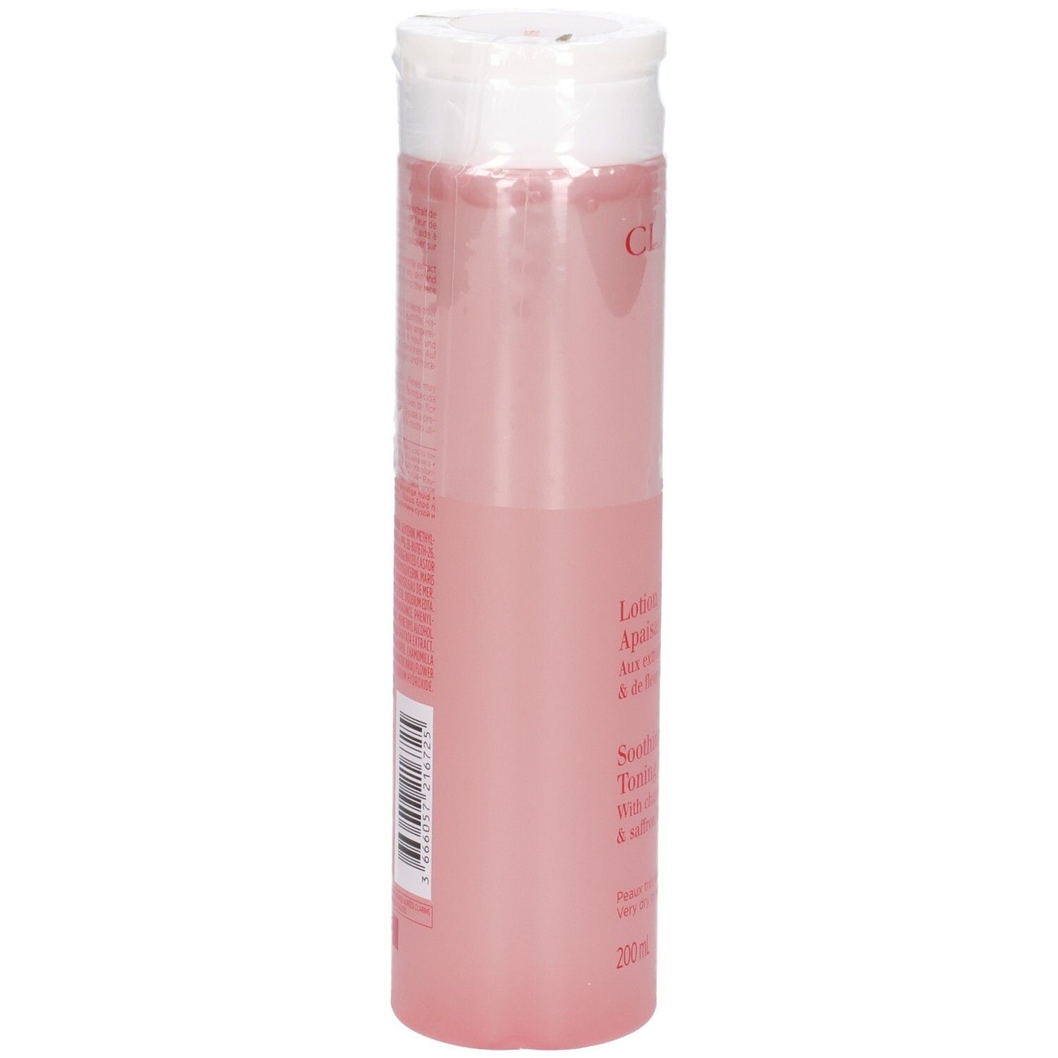 Lotion Tonique Apaisante Clarins, vue de côté. Flacon rose transparent avec bouchon rabattable blanc. 200 ml.