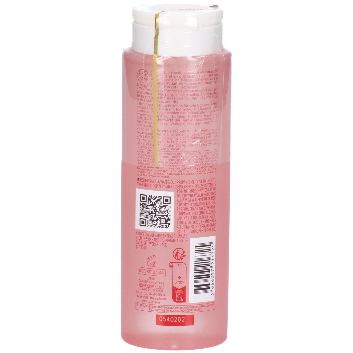 Arrière du flacon de Lotion Tonique Apaisante Clarins. Contient les ingrédients et le code-barres. 200 ml.