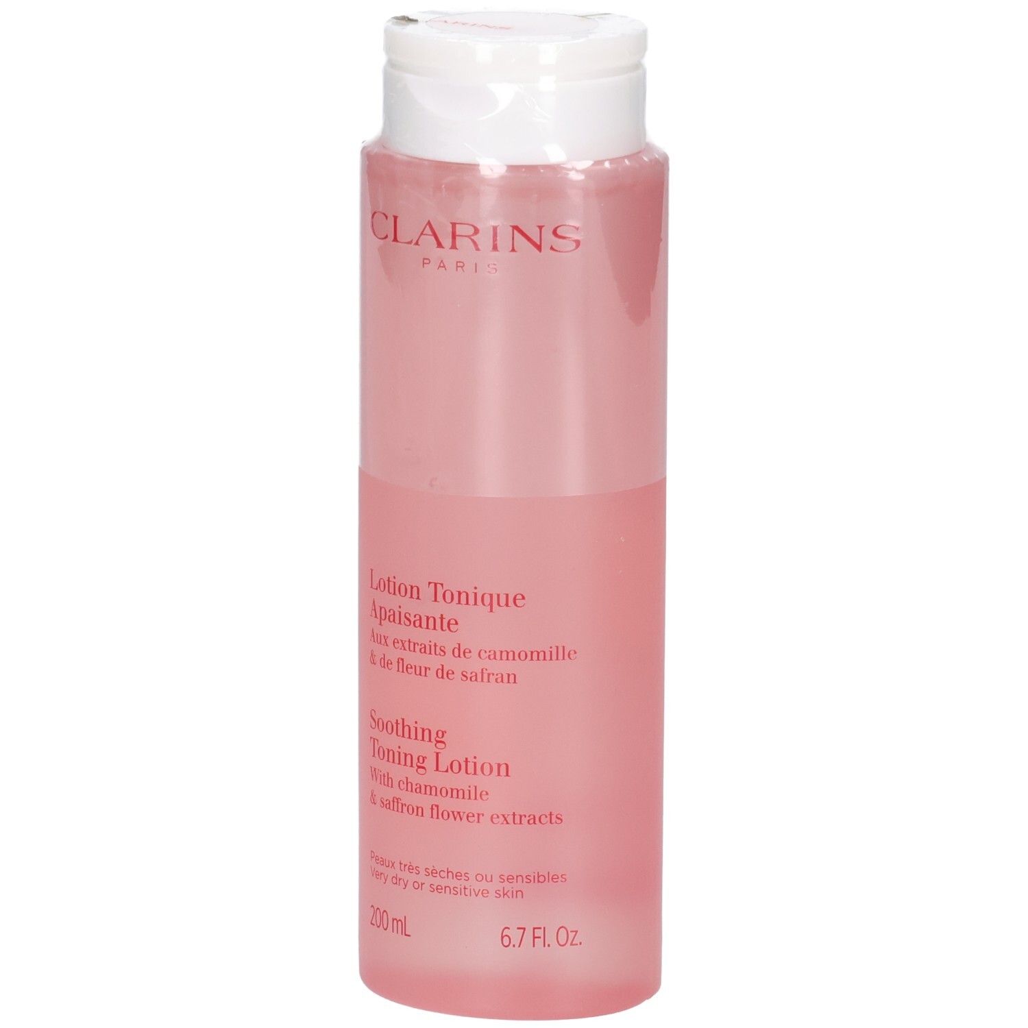 Lotion Tonique Apaisante Clarins dans un flacon rose transparent avec un bouchon rabattable blanc. 200 ml.