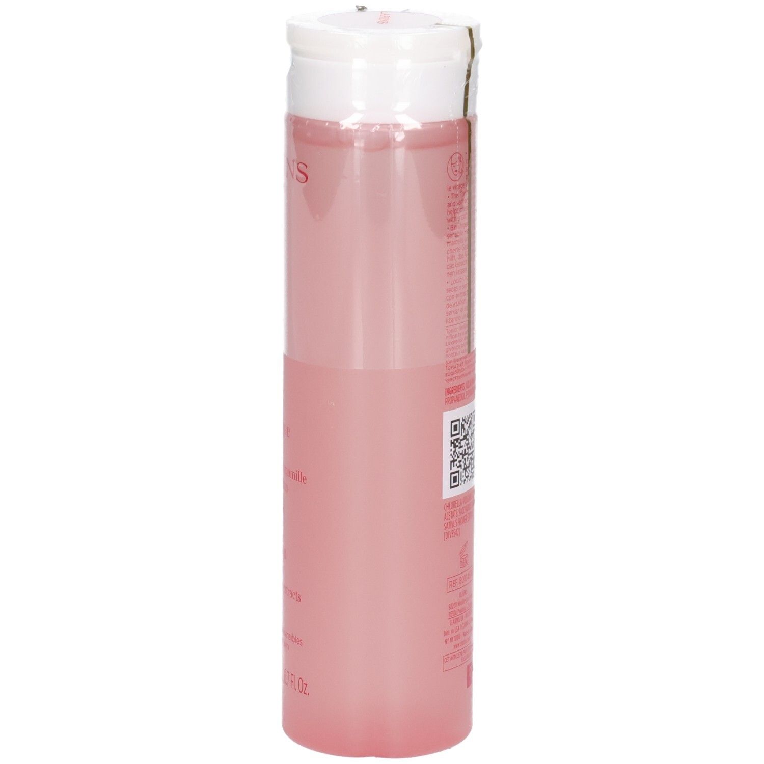 Lotion Tonique Apaisante Clarins, vue de côté. Flacon rose transparent avec bouchon rabattable blanc. 200 ml.