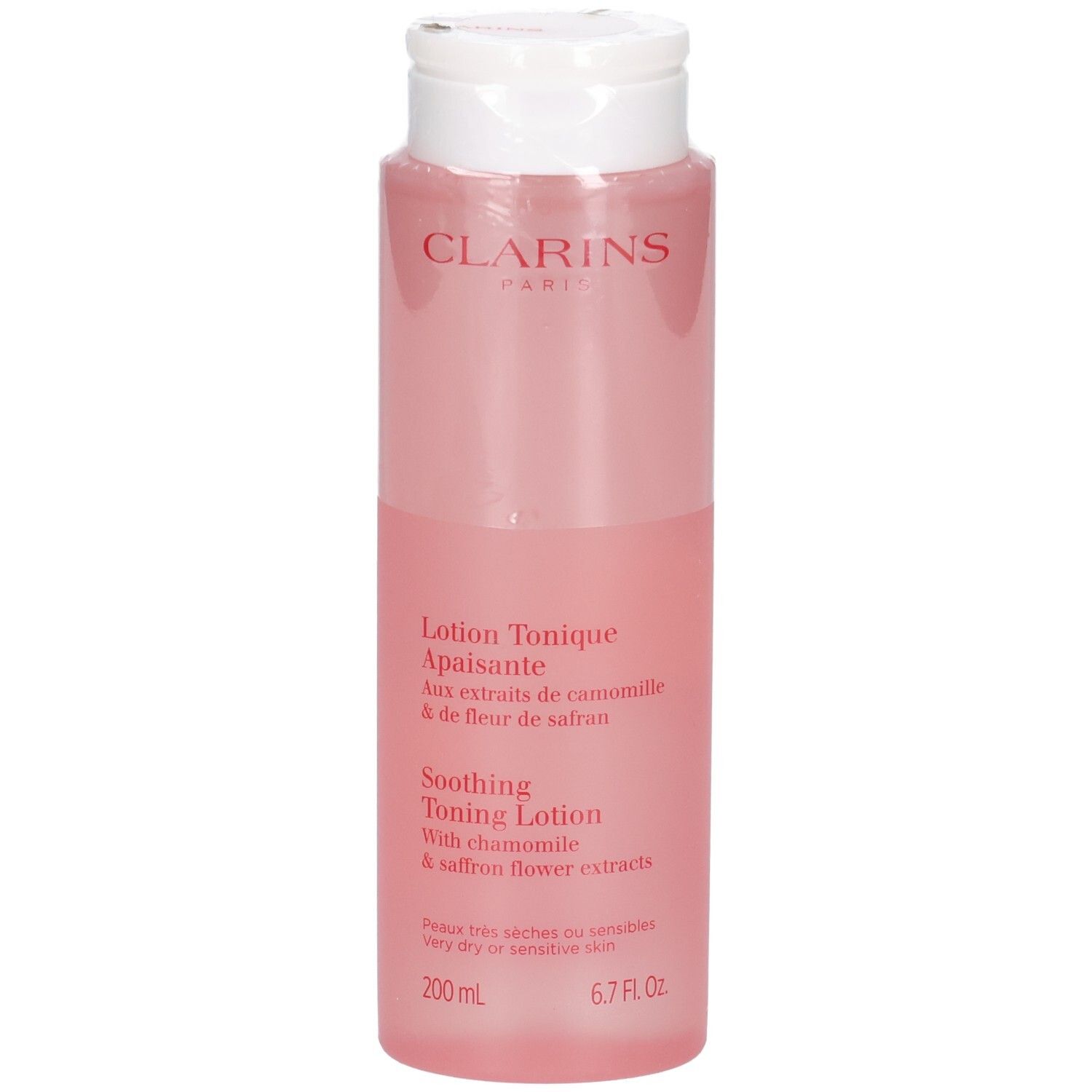 Lotion Tonique Apaisante Clarins dans un flacon rose transparent avec un bouchon rabattable blanc. 200 ml.