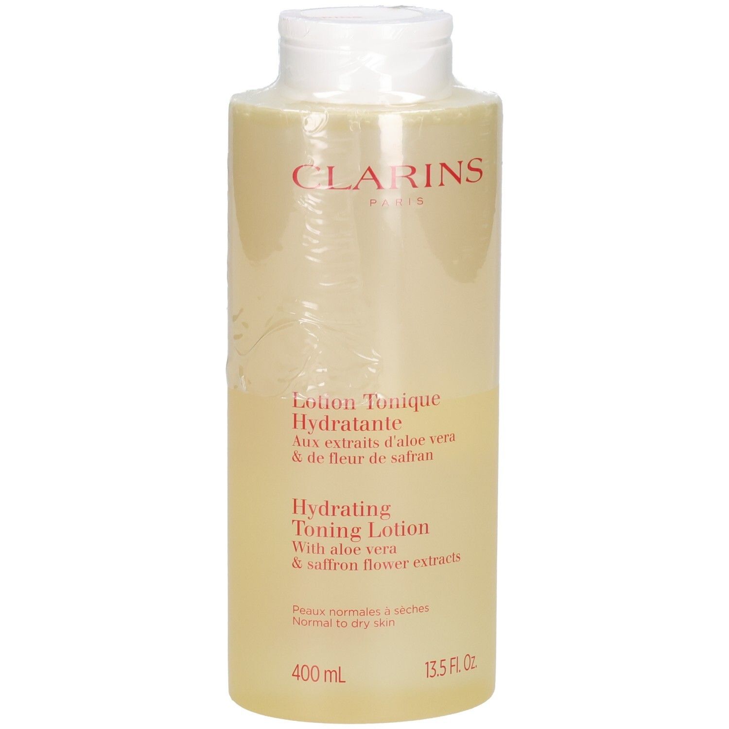 Clarins Lotion Tonique Hydratante, 400 ml, aux extraits d'aloe vera et de fleur de safran.