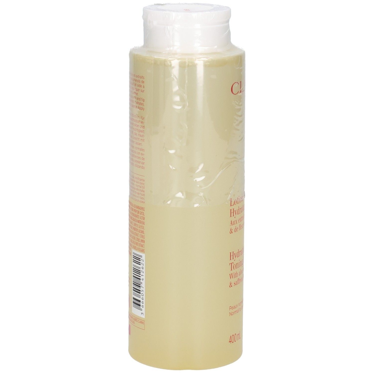 Clarins Lotion Tonique Hydratante, vue arrière avec ingrédients et code-barres.