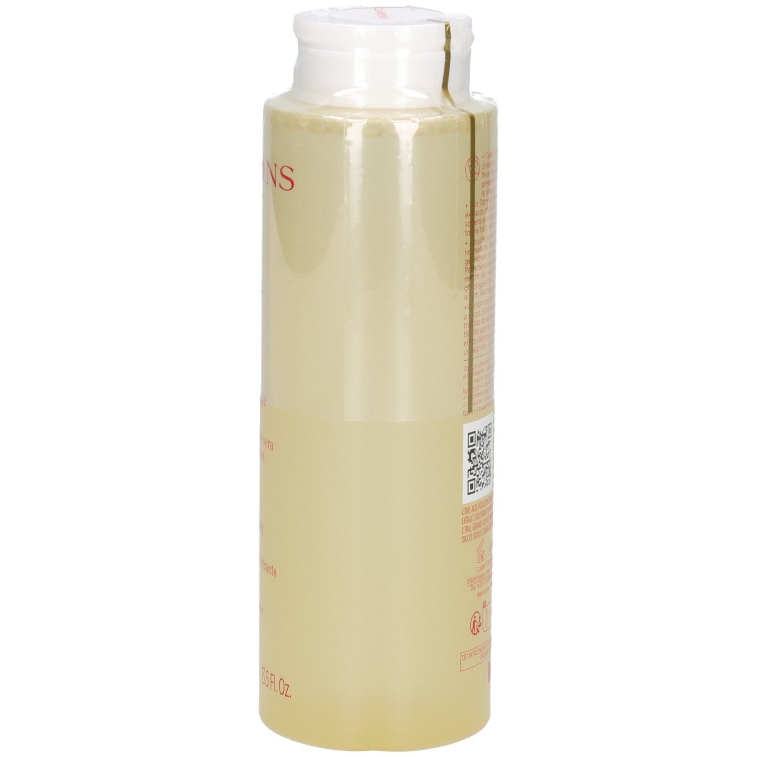 Clarins Lotion Tonique Hydratante, vue latérale avec détails de l'étiquette.