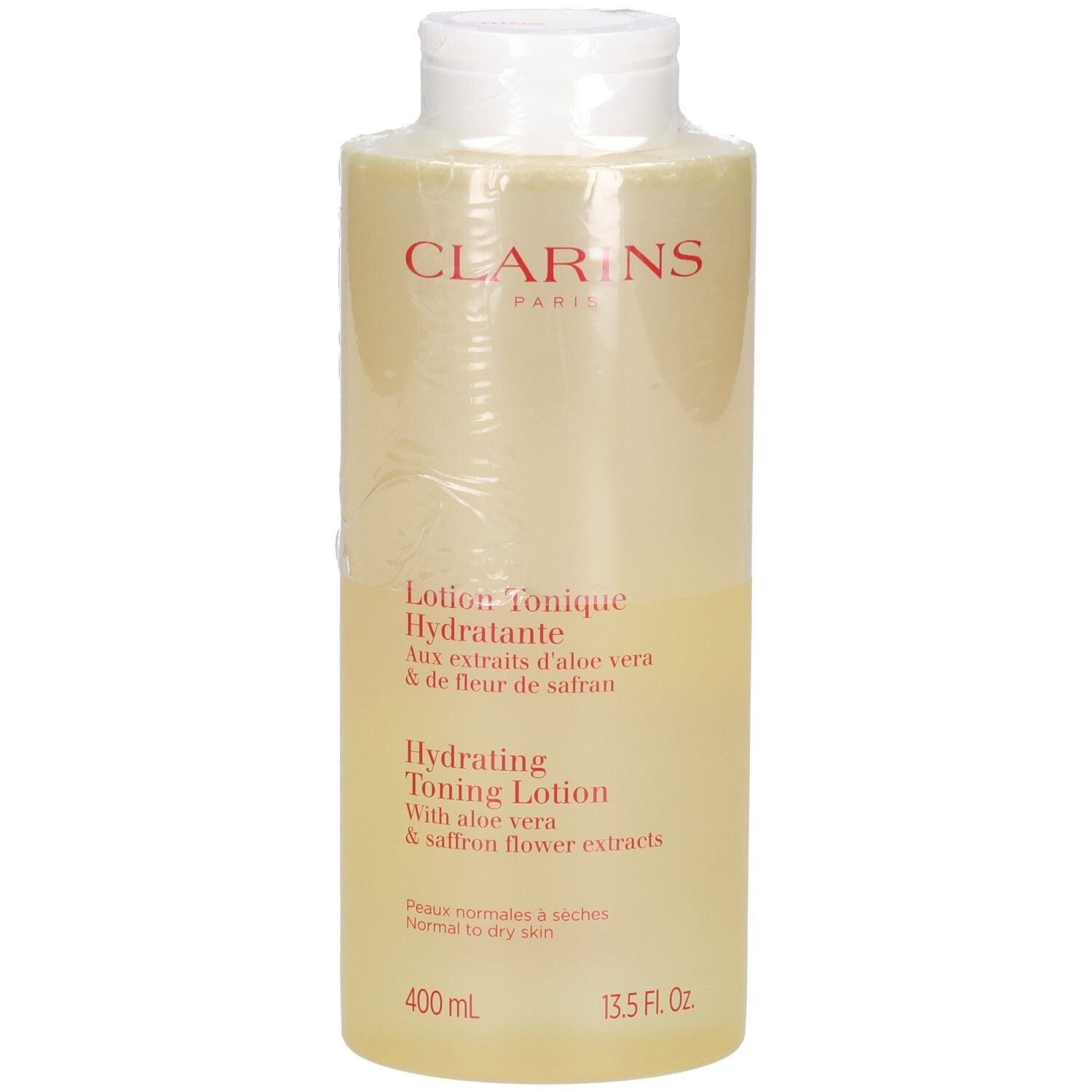 Clarins Lotion Tonique Hydratante, 400 ml, aux extraits d'aloe vera et de fleur de safran.