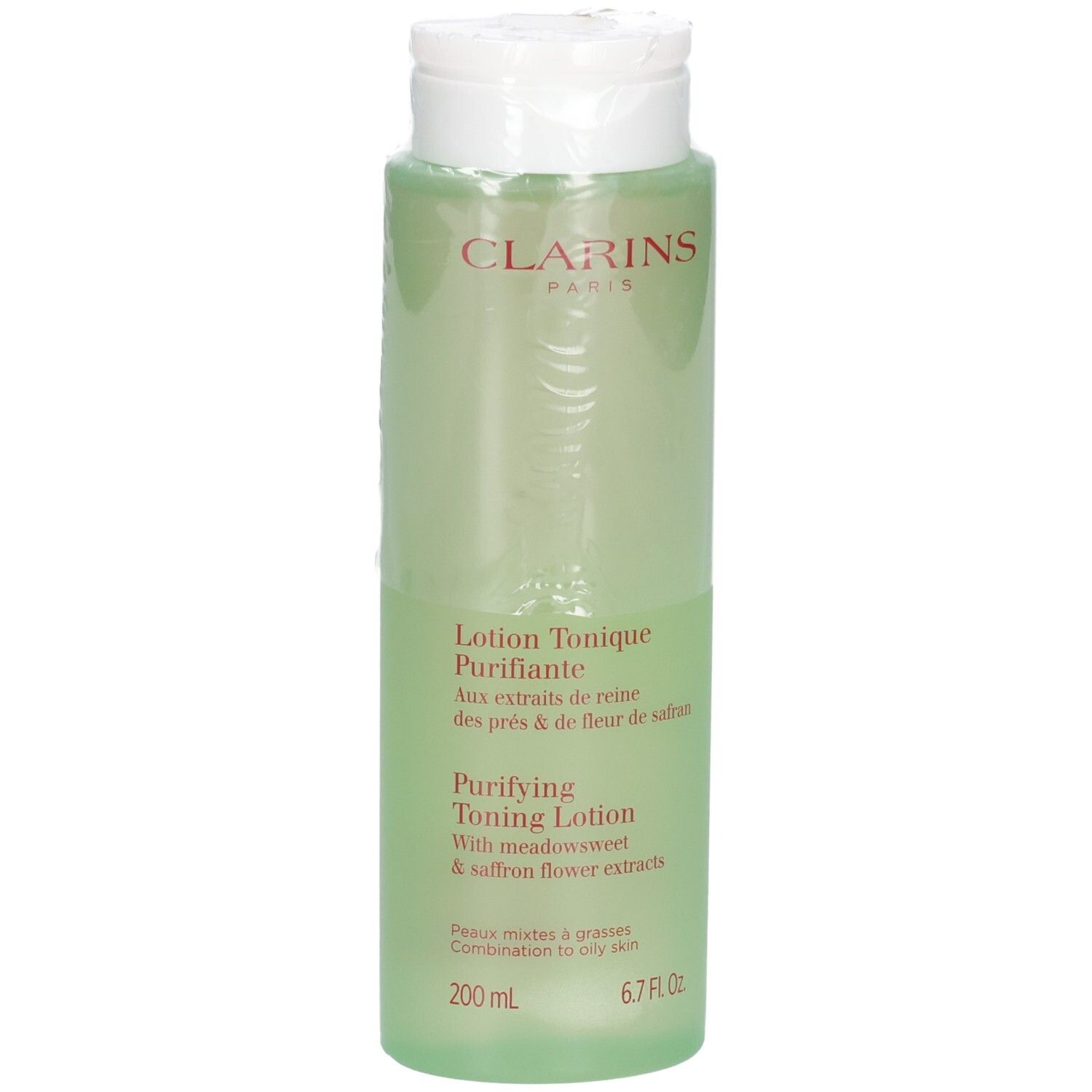 Clarins Lotion Tonique Purifiante, 200 ml, liquide vert clair dans un flacon transparent.