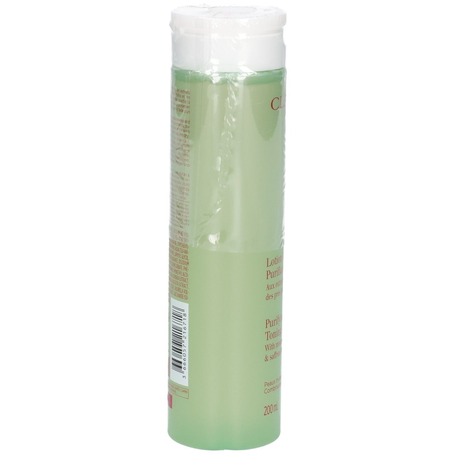 Clarins Lotion Tonique Purifiante, arrière du flacon avec étiquette et code-barres.