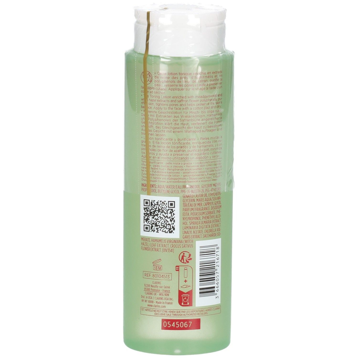 Clarins Lotion Tonique Purifiante, arrière du flacon avec QR code et informations produit.
