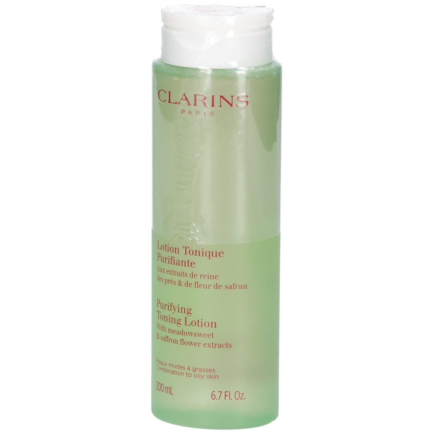 Clarins Lotion Tonique Purifiante, 200 ml, liquide vert clair dans un flacon transparent.