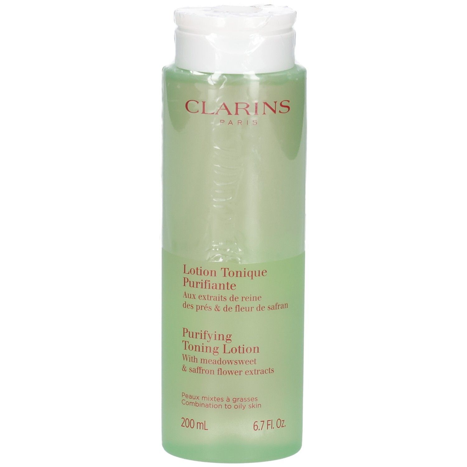 Clarins Lotion Tonique Purifiante, 200 ml, liquide vert clair dans un flacon transparent.