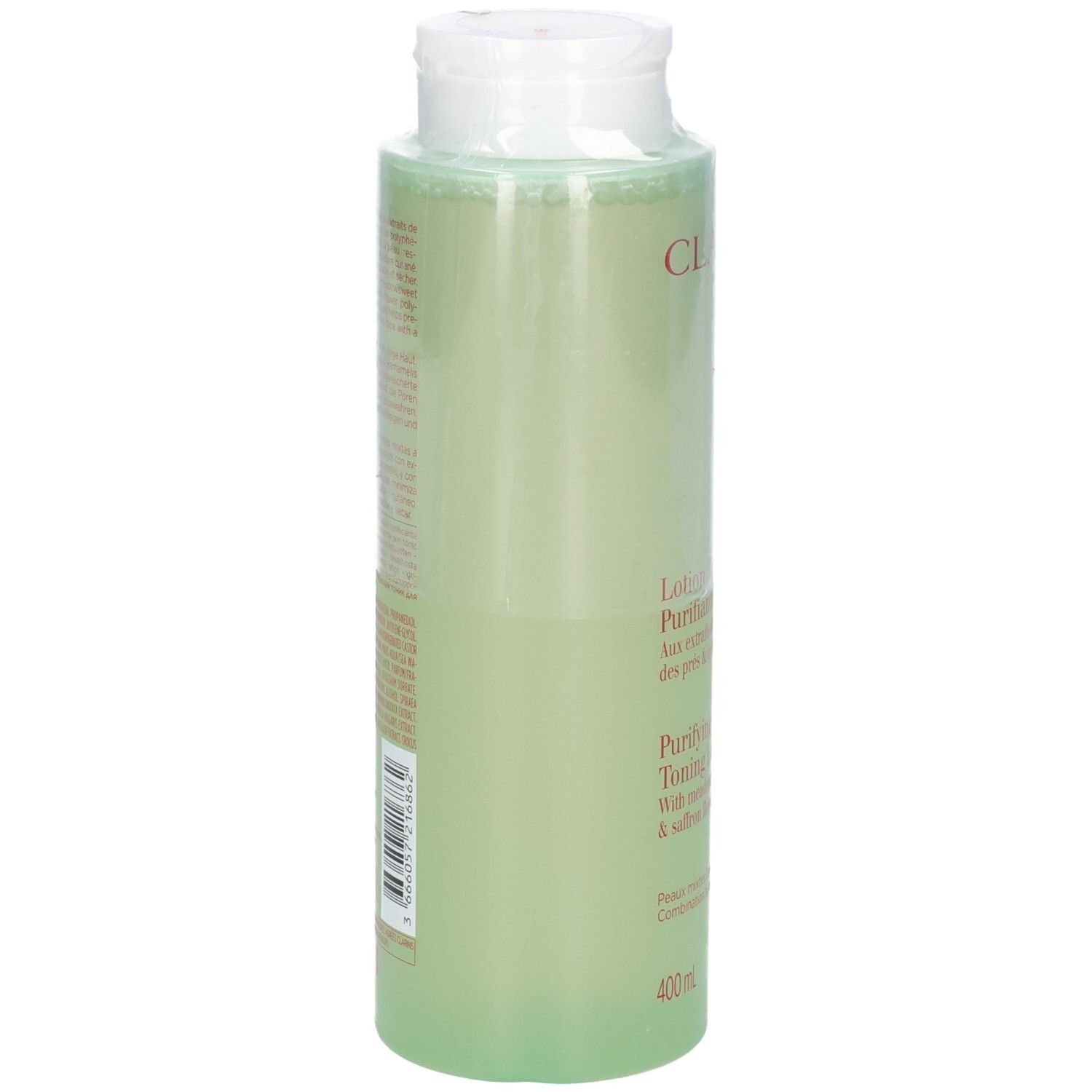 Clarins Lotion Tonique Purifiante, 400 ml, arrière du flacon avec étiquette.