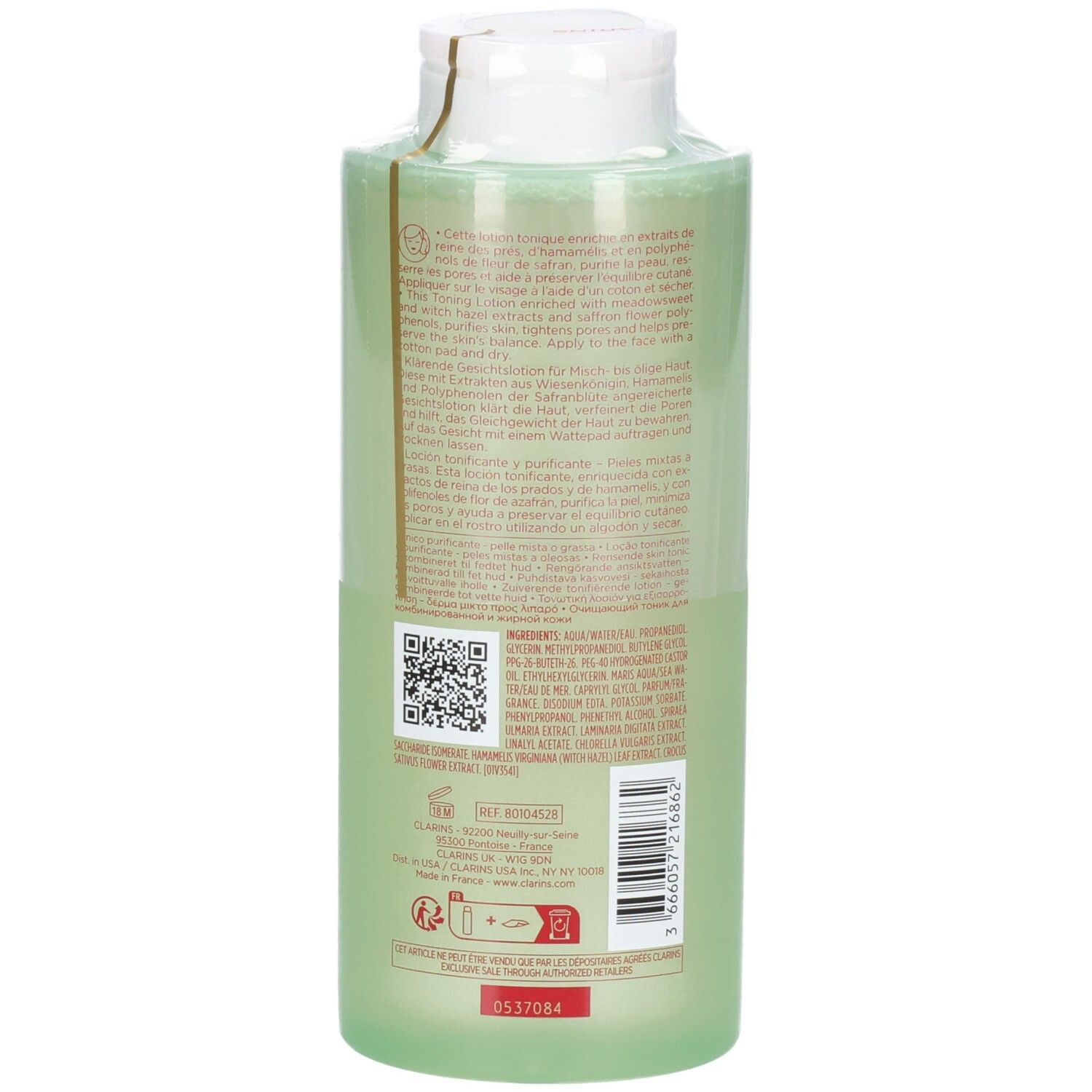 Clarins Lotion Tonique Purifiante, 400 ml, arrière du flacon avec QR-code et informations.
