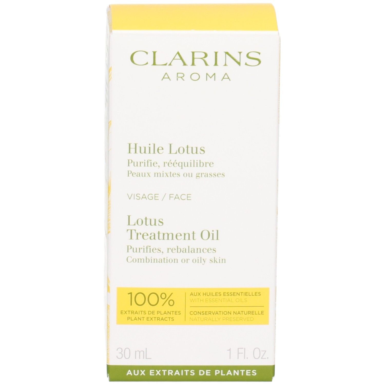 Huile Aroma Lotus Clarins et son emballage. Huile jaune dans un flacon en verre avec pipette.
