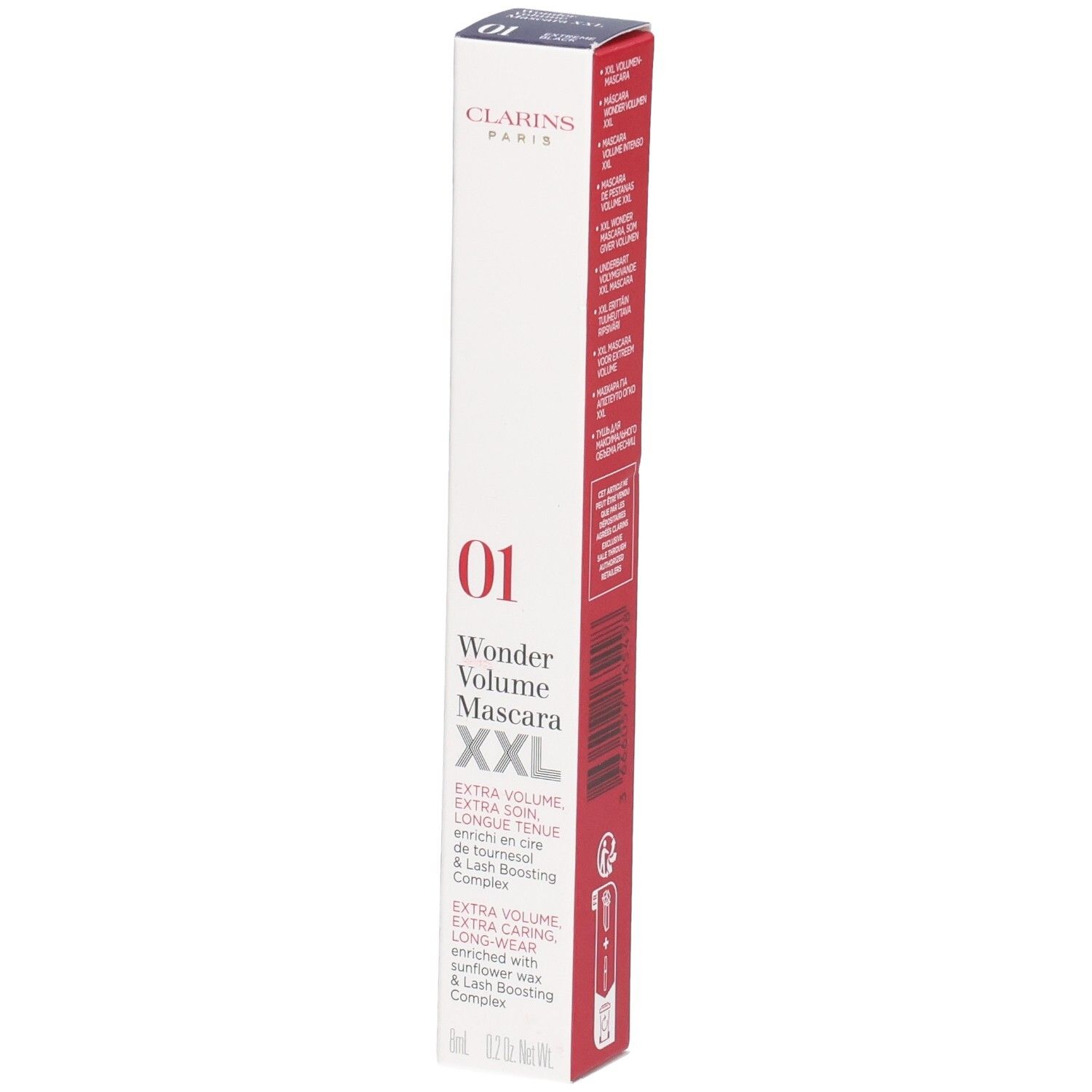 Mascara Clarins Supra Volume XXL, 01 Nero. Boîte blanche avec accents rouges et bleus.