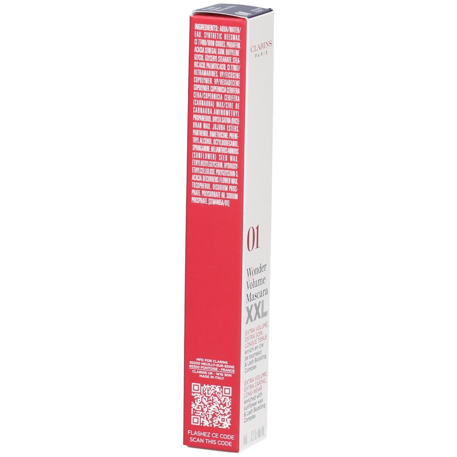 Mascara Clarins Supra Volume XXL, 01 Nero. Arrière de la boîte avec ingrédients et code QR.