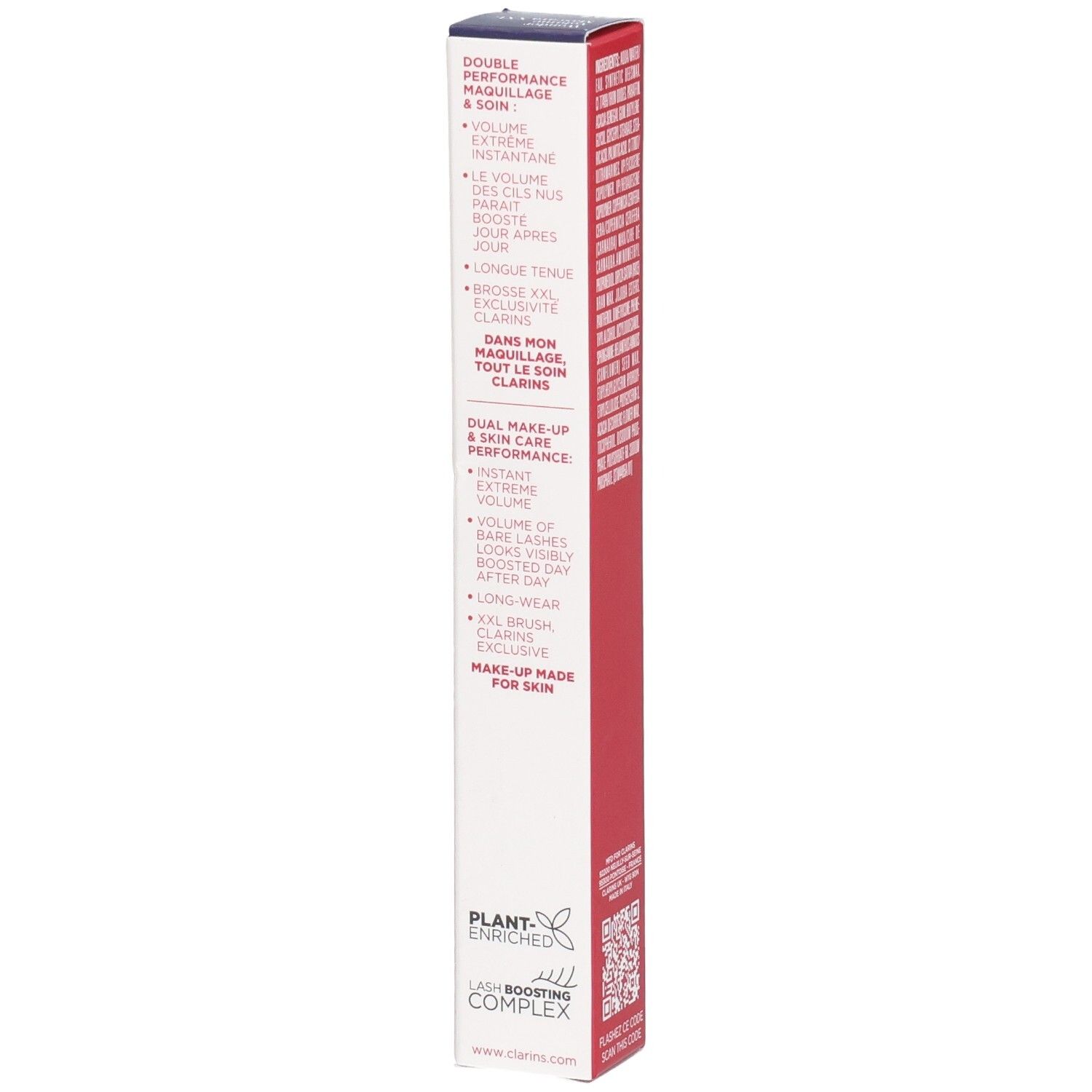Mascara Clarins Supra Volume XXL, 01 Nero. Vue latérale de la boîte avec les caractéristiques du produit.