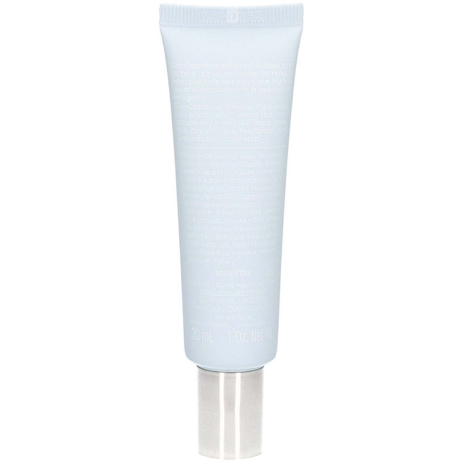 Tube Clarins SOS Primer : Bleu clair avec bouchon argenté. Vue arrière du produit avec texte.