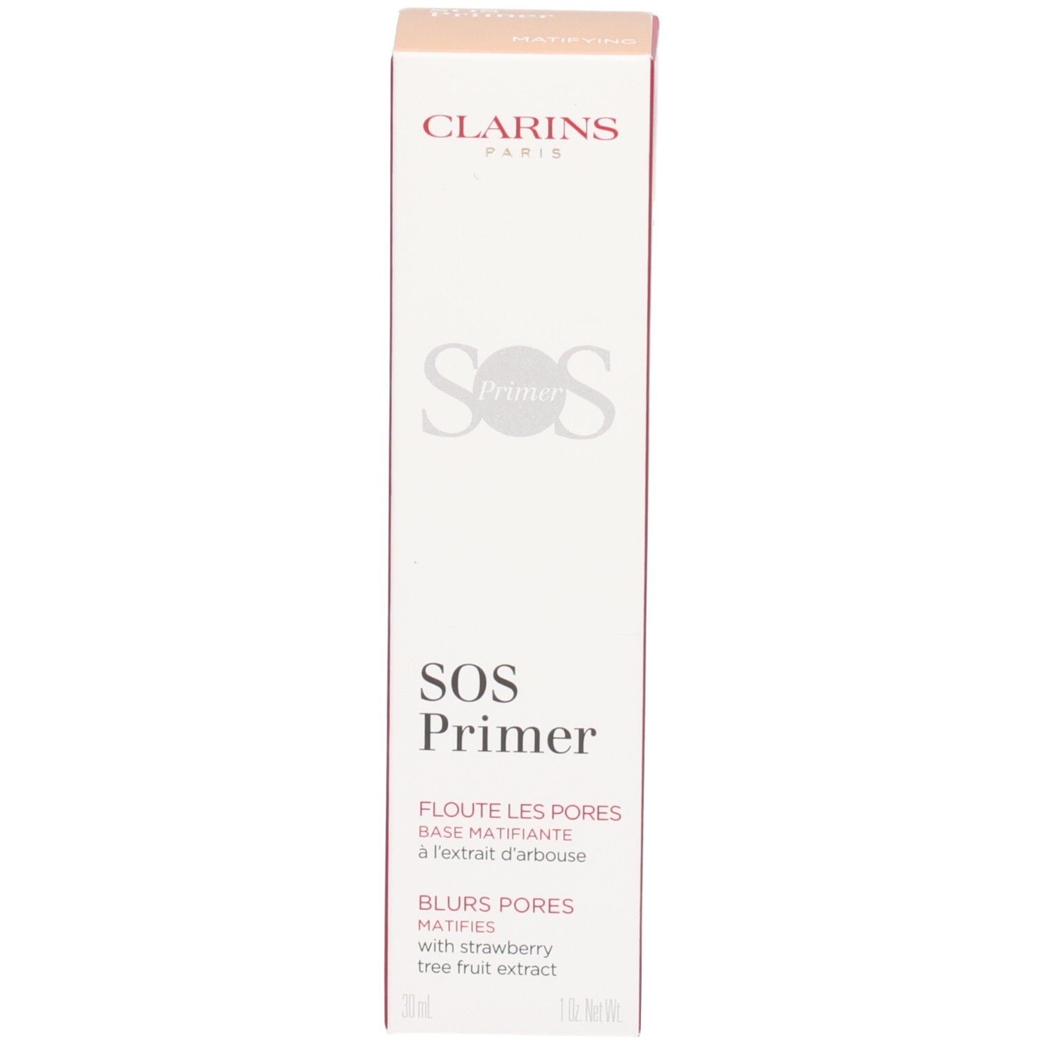 Boîte Clarins SOS Primer : Face avant avec nom du produit et description.