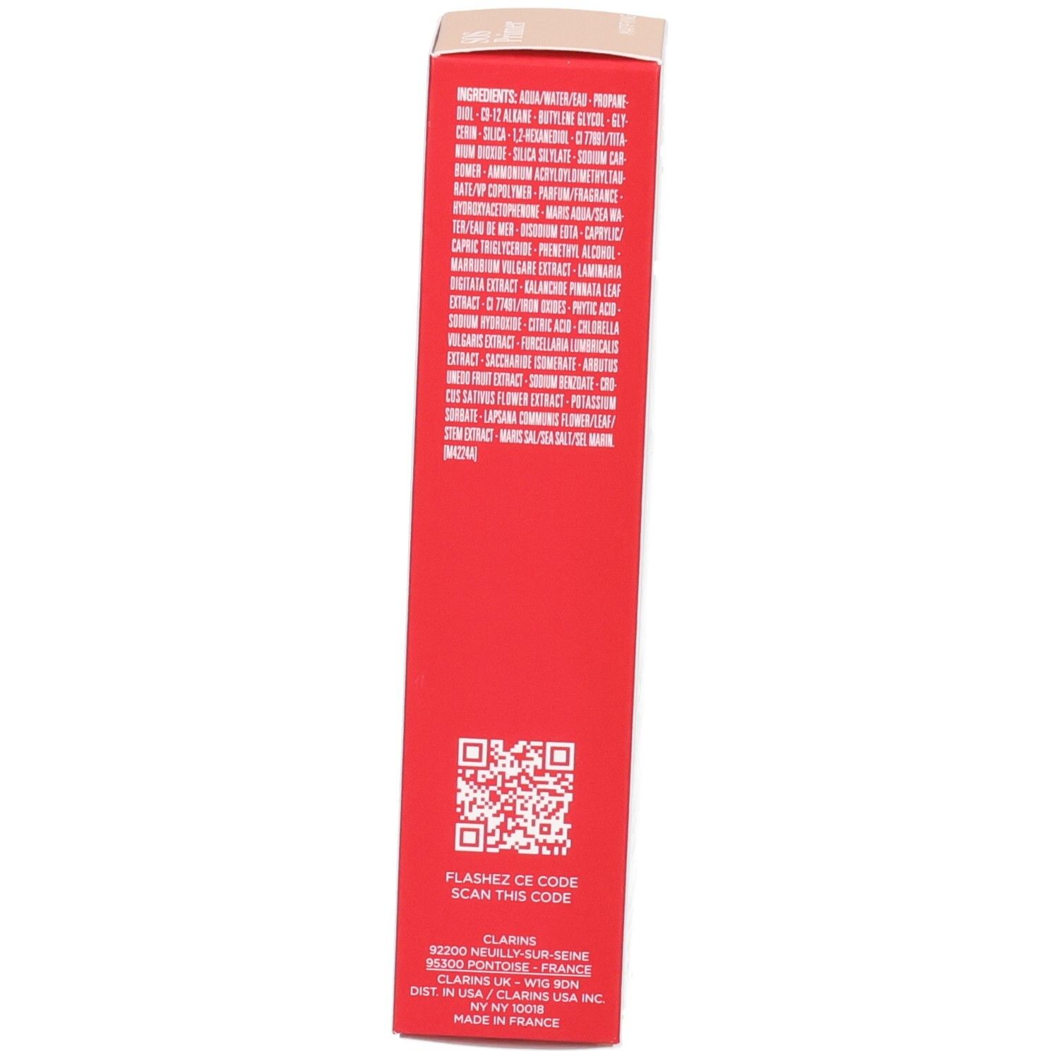 Boîte Clarins SOS Primer : Vue latérale avec ingrédients et QR code.