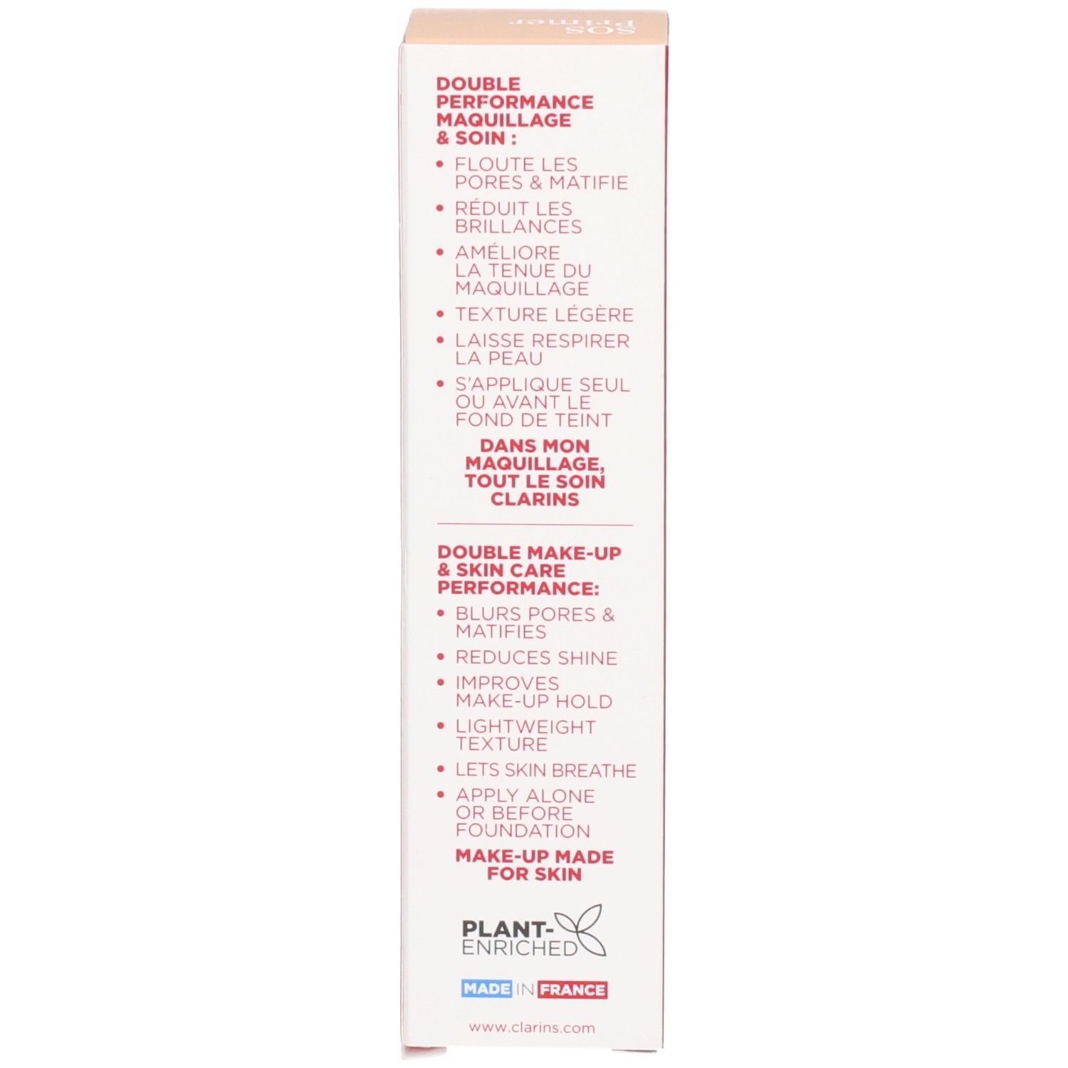 Boîte Clarins SOS Primer : Vue latérale avec avantages produit en anglais et français.