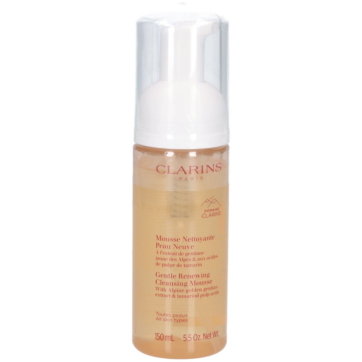 Flacon de mousse nettoyante Clarins avec pompe.