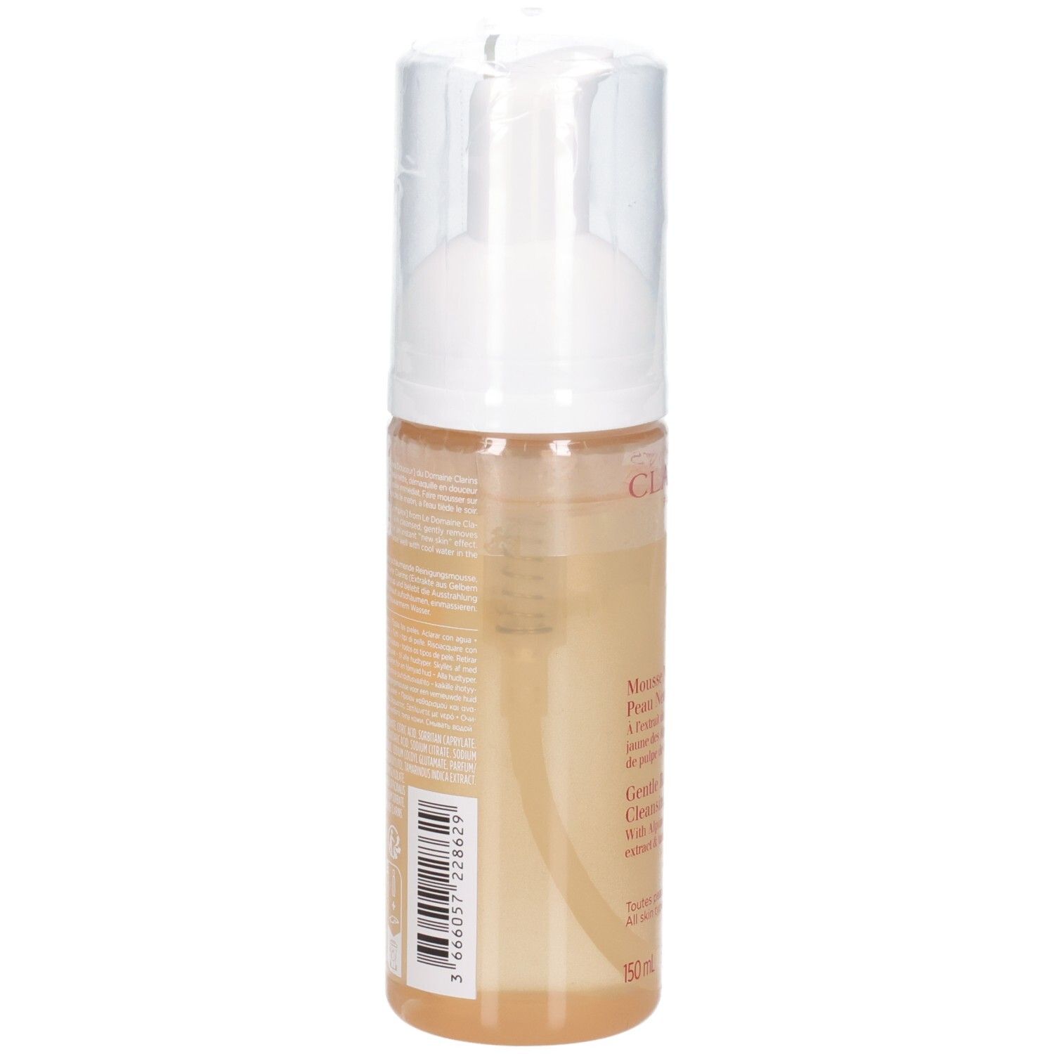 Flacon de mousse nettoyante Clarins, dos avec texte et code-barres.