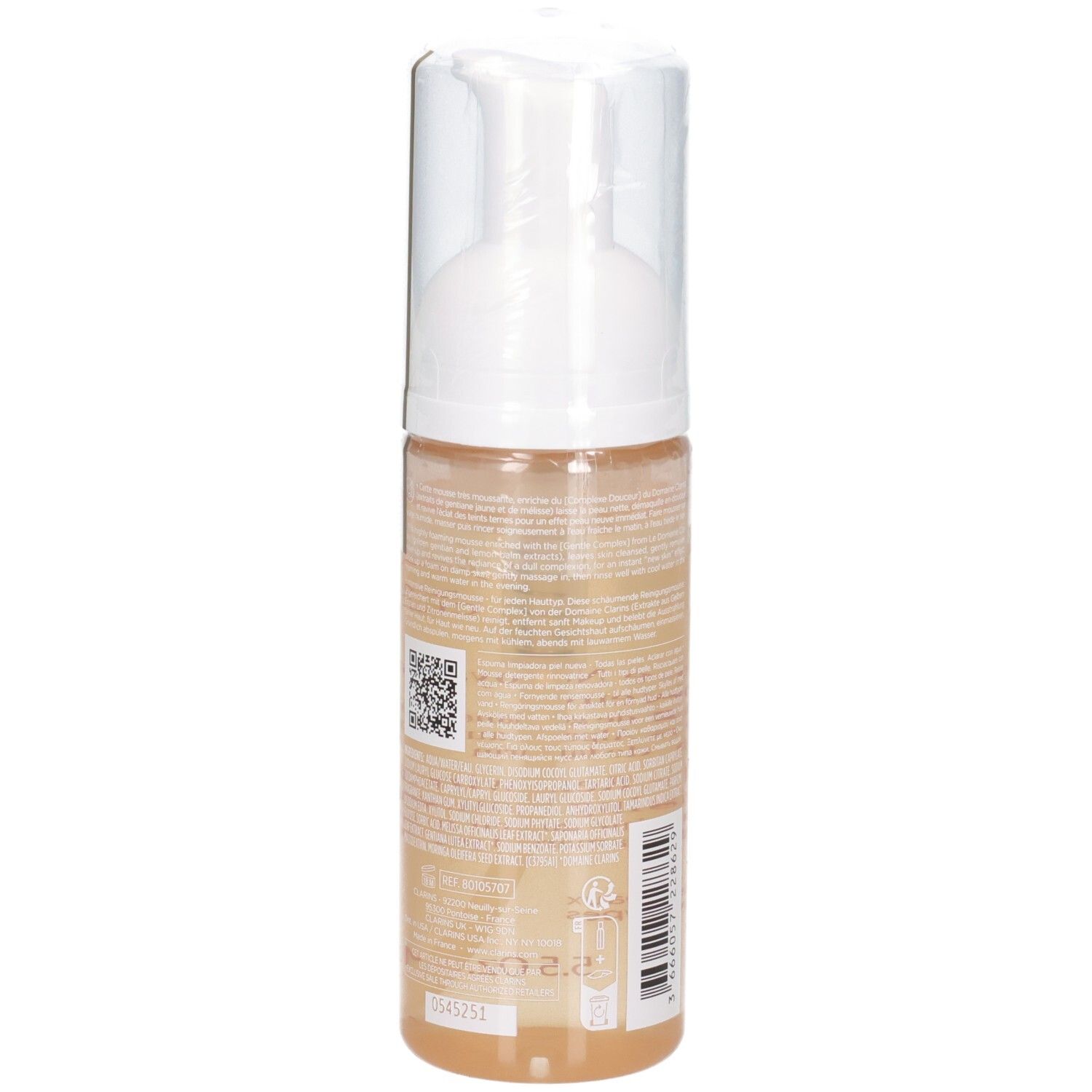 Flacon de mousse nettoyante Clarins, dos avec QR-code et texte.