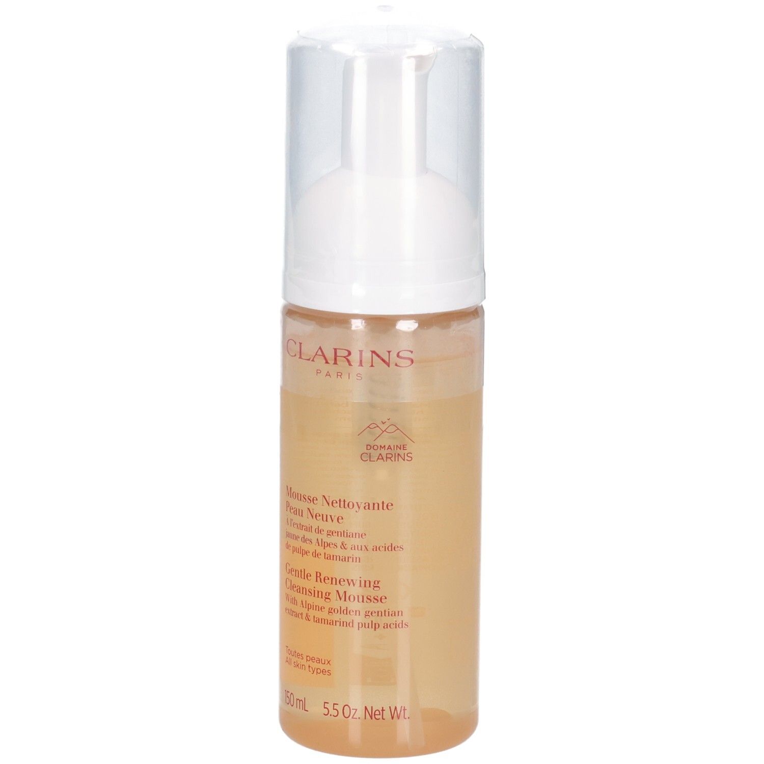 Flacon de mousse nettoyante Clarins avec pompe, vue de face.