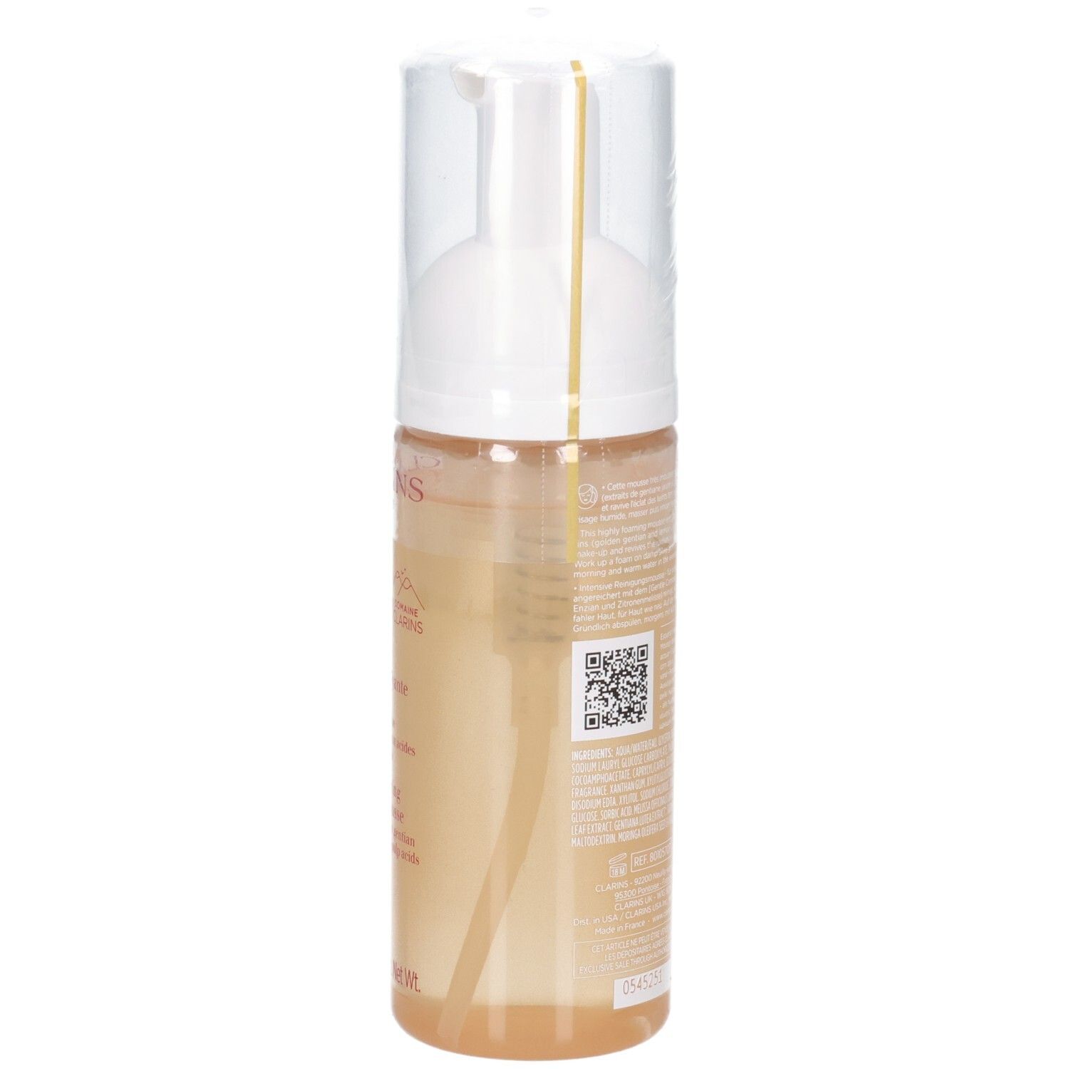 Flacon de mousse nettoyante Clarins, vue de côté avec texte.