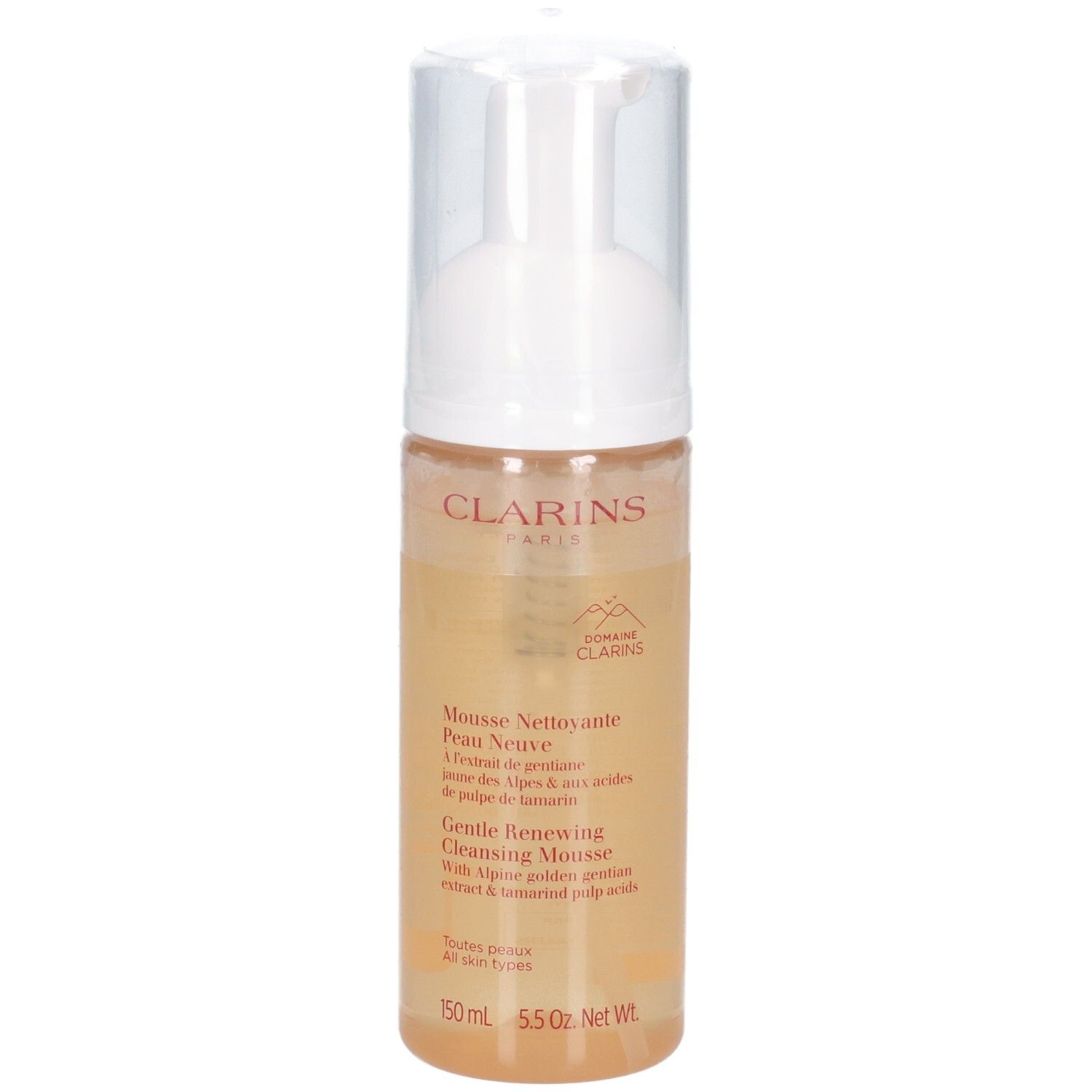 Flacon de mousse nettoyante Clarins avec pompe, étiquette avec texte.