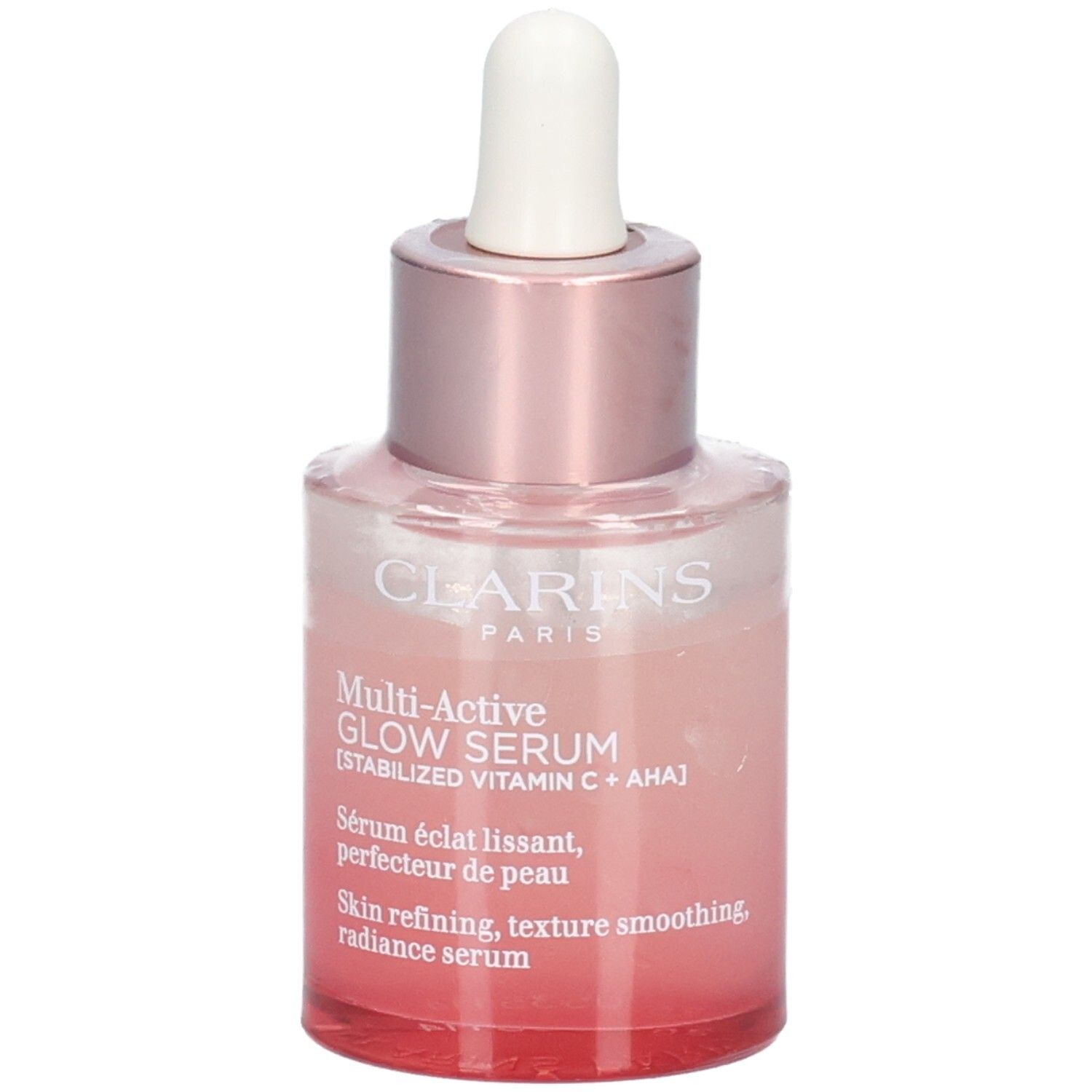 Flacon Clarins Multi Active Glow Serum avec pipette, verre teinté rose.