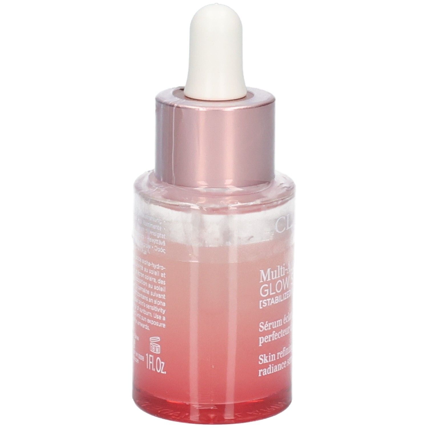 Flacon Clarins Multi Active Glow Serum avec pipette, verre teinté rose, vue latérale.