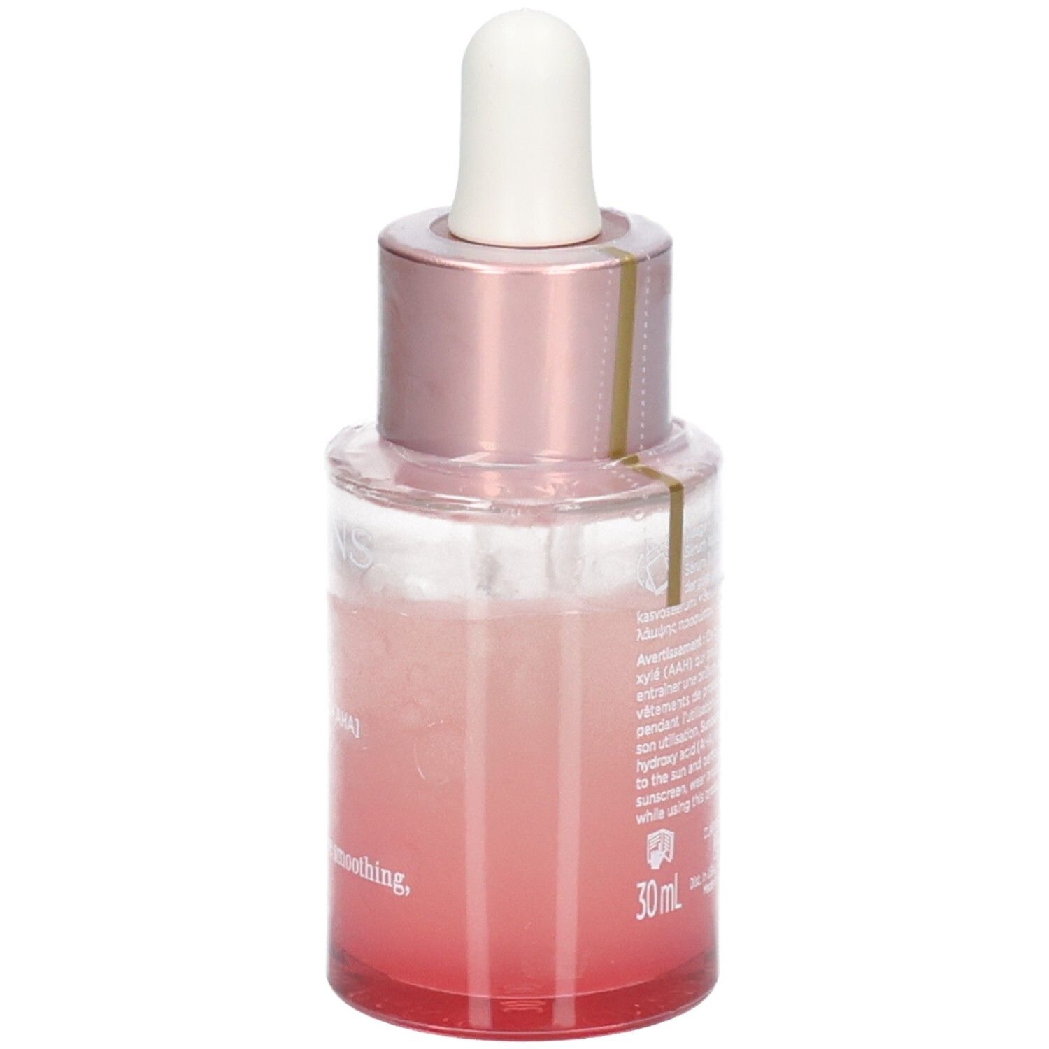 Flacon Clarins Multi Active Glow Serum avec pipette, verre teinté rose, vue latérale oblique.