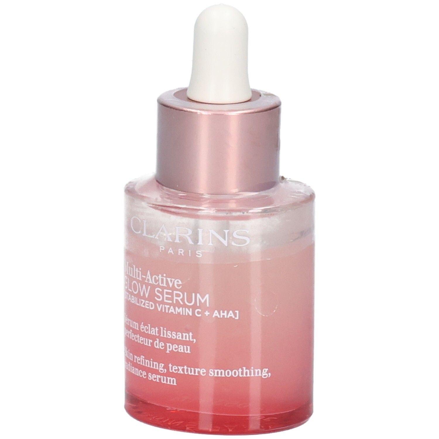Flacon Clarins Multi Active Glow Serum avec pipette, verre teinté rose, vue de face.