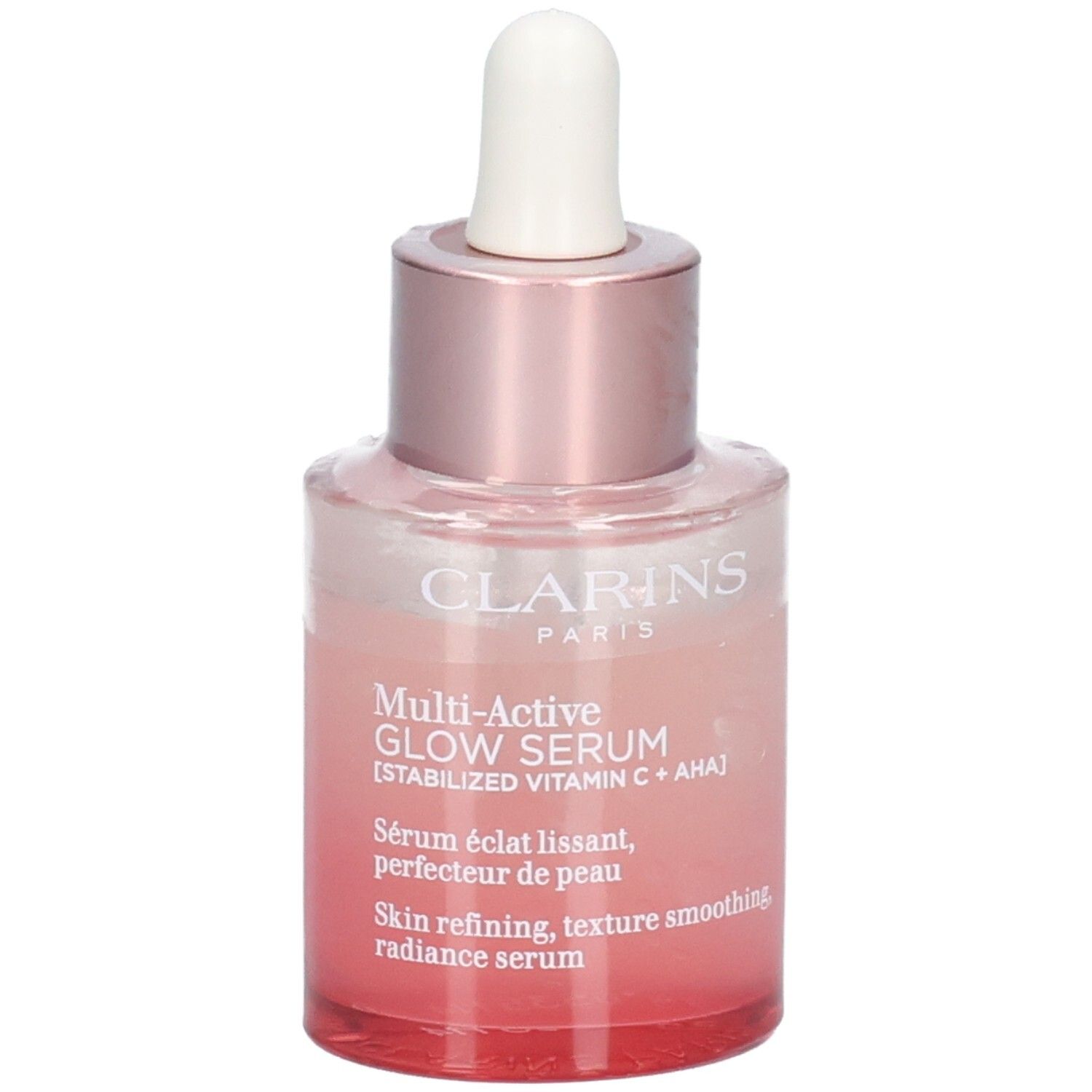 Flacon Clarins Multi Active Glow Serum avec pipette, verre teinté rose, vue de face.