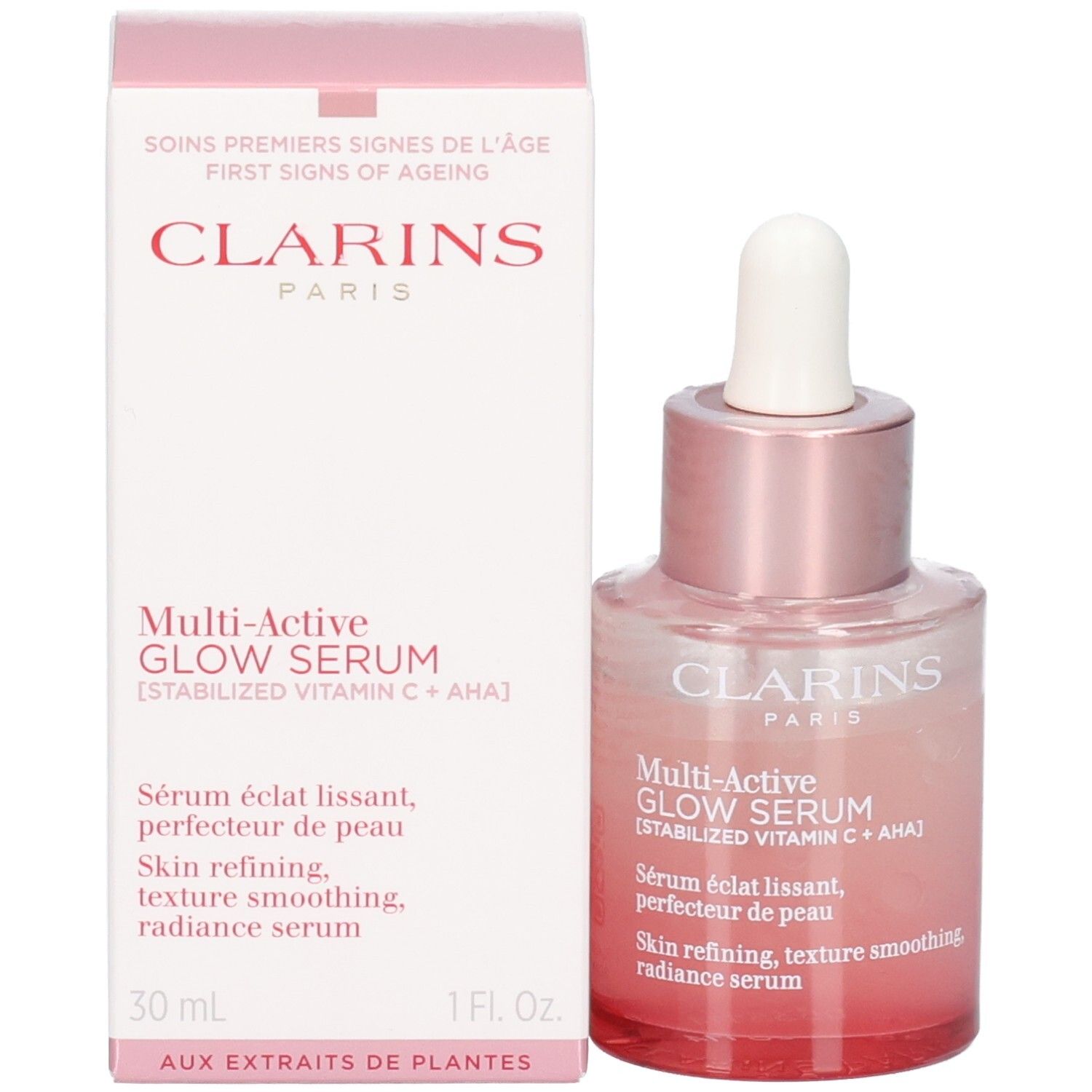 Flacon et emballage Clarins Multi Active Glow Serum, verre teinté rose, pipette.