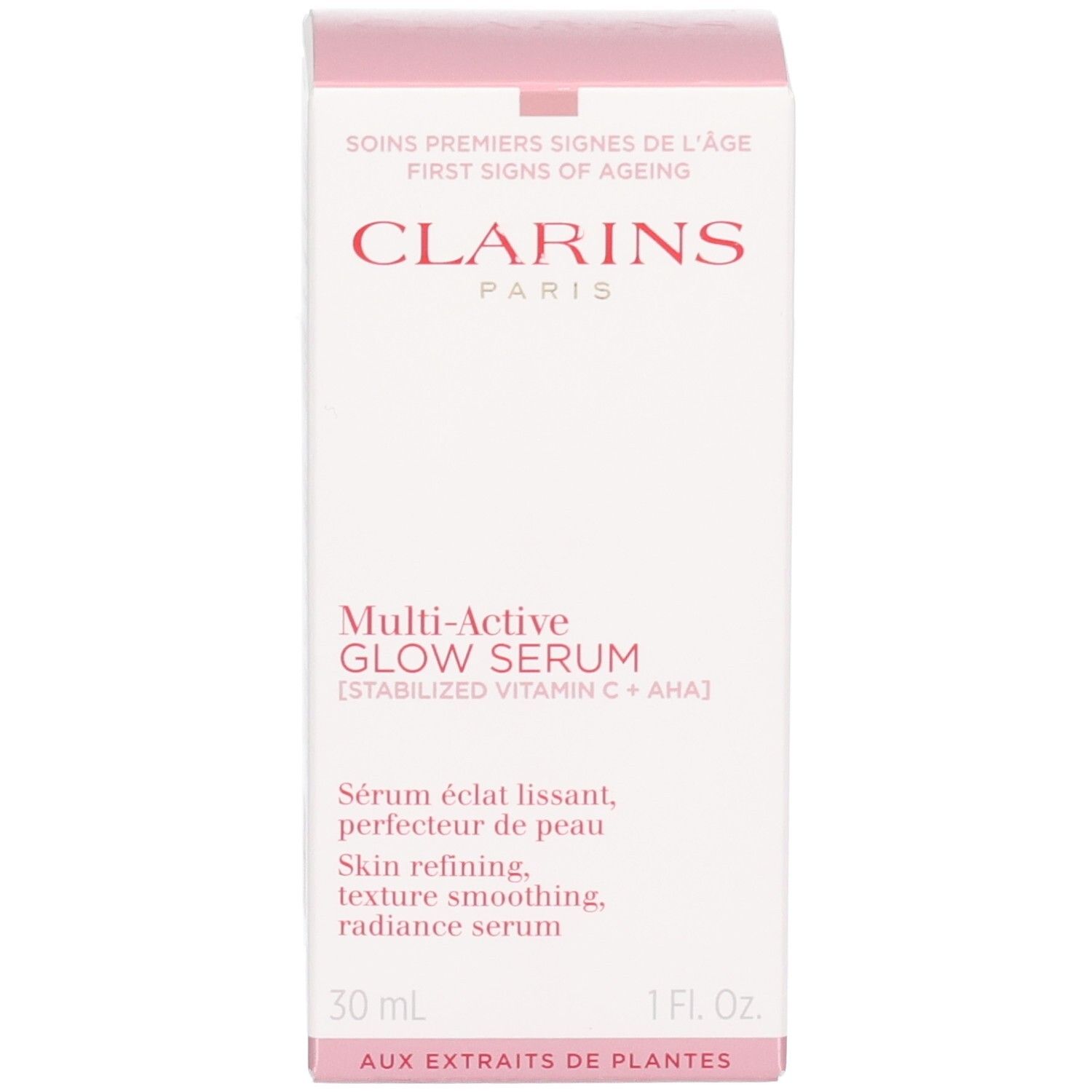 Emballage Clarins Multi Active Glow Serum, rose et blanc, avec informations produit.