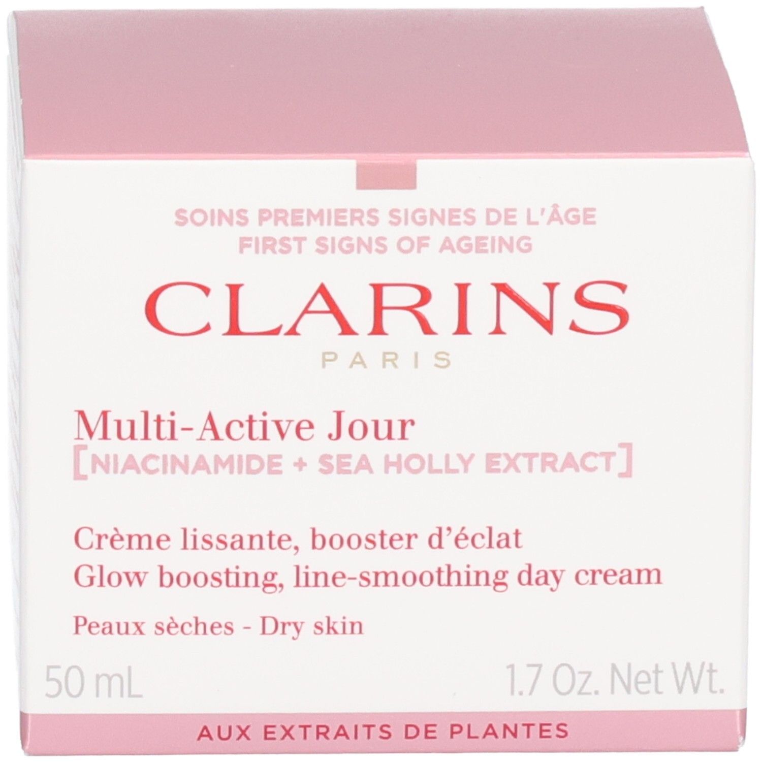Clarins Multi-Active Jour Crème et emballage pour peaux sèches, 50ml, vue de face.