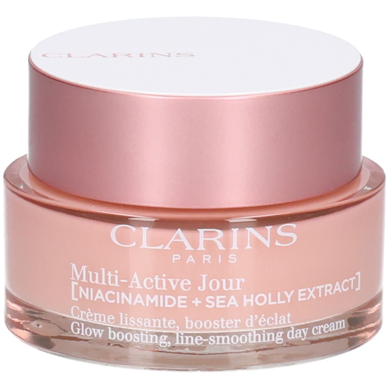 Clarins Multi-Active Crème Jour avec Niacinamide et Extrait de Sea Holly dans un pot rose.