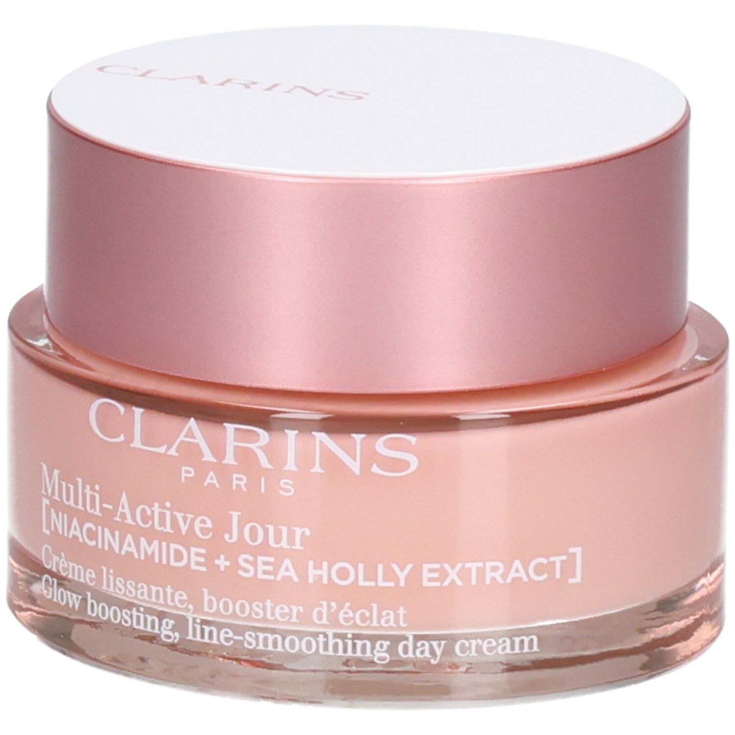 Clarins Multi-Active Crème Jour avec Niacinamide et Extrait de Sea Holly dans un pot rose.