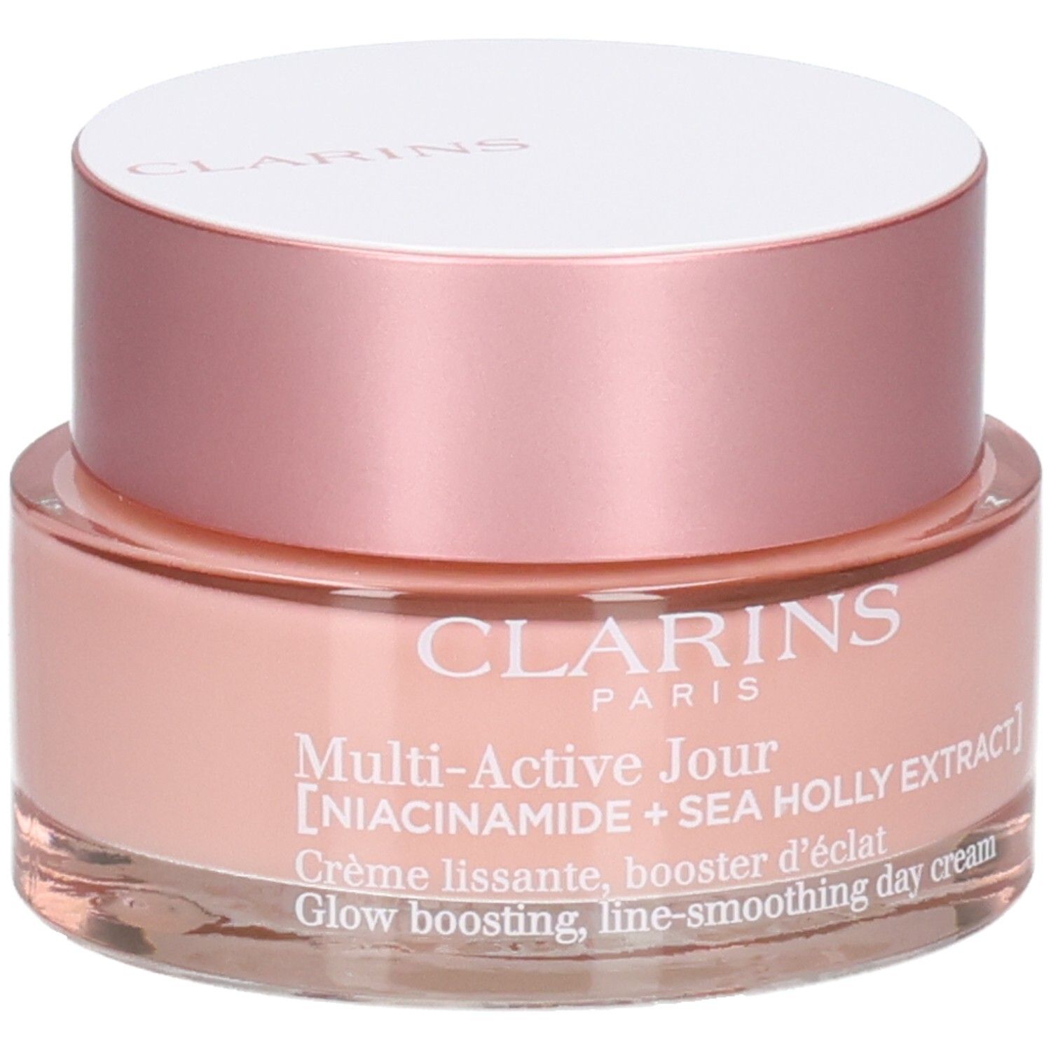 Clarins Multi-Active Crème Jour avec Niacinamide et Extrait de Sea Holly dans un pot rose.