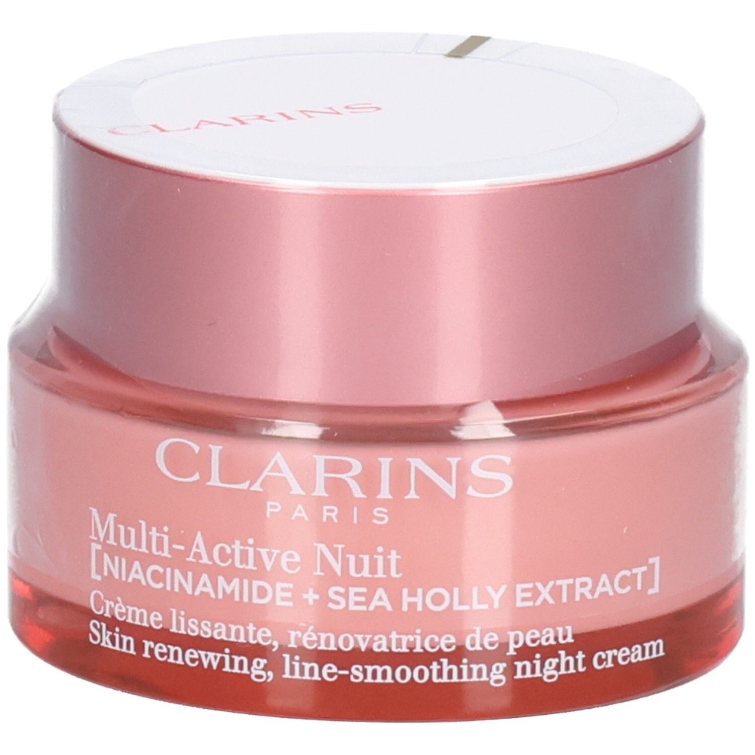 Crème de nuit Clarins Multi-Active Nuit dans un pot en verre rose avec un couvercle argenté.