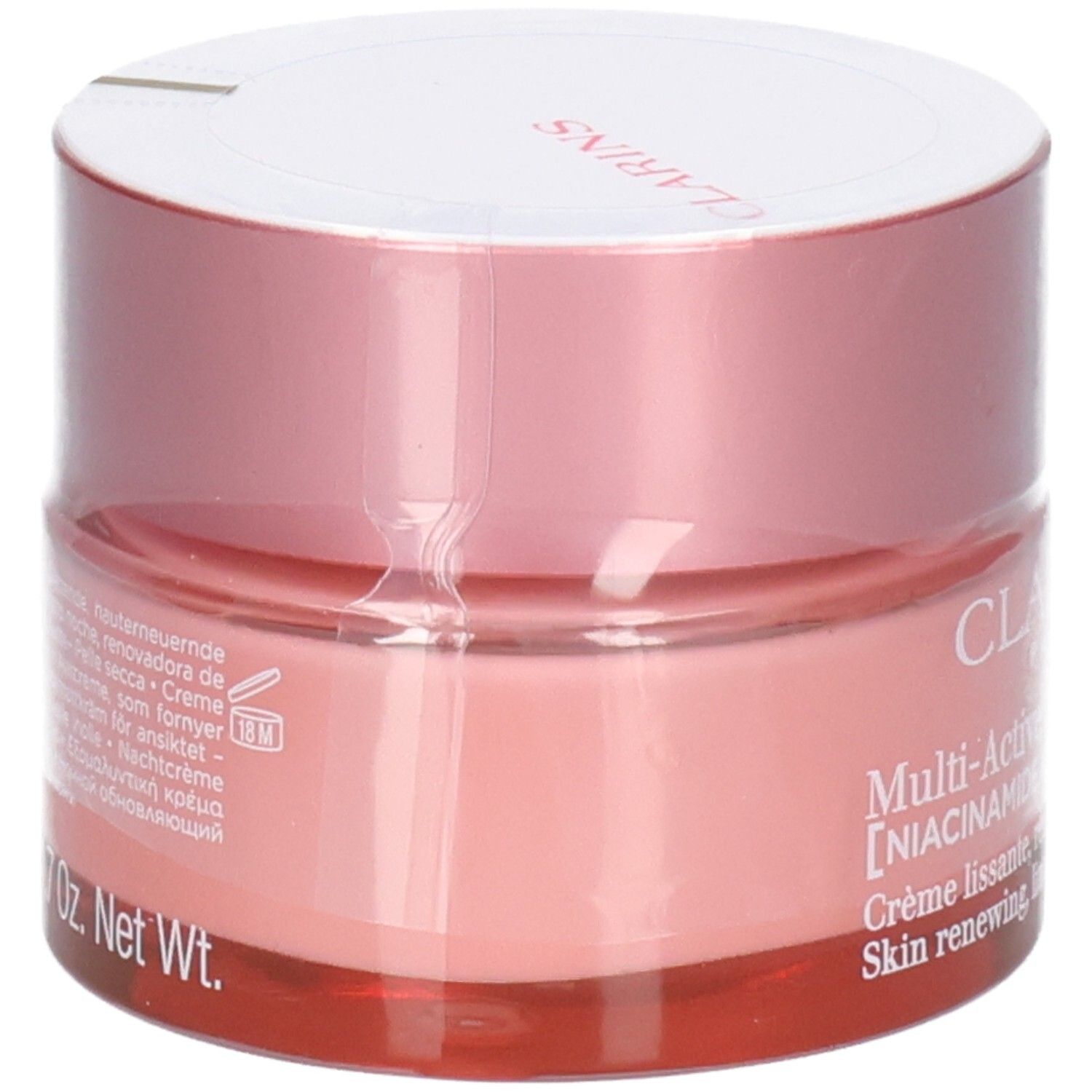 Clarins Multi-Active Nuit crème de nuit, vue latérale. Contient du niacinamide et de l'extrait de panicaut.