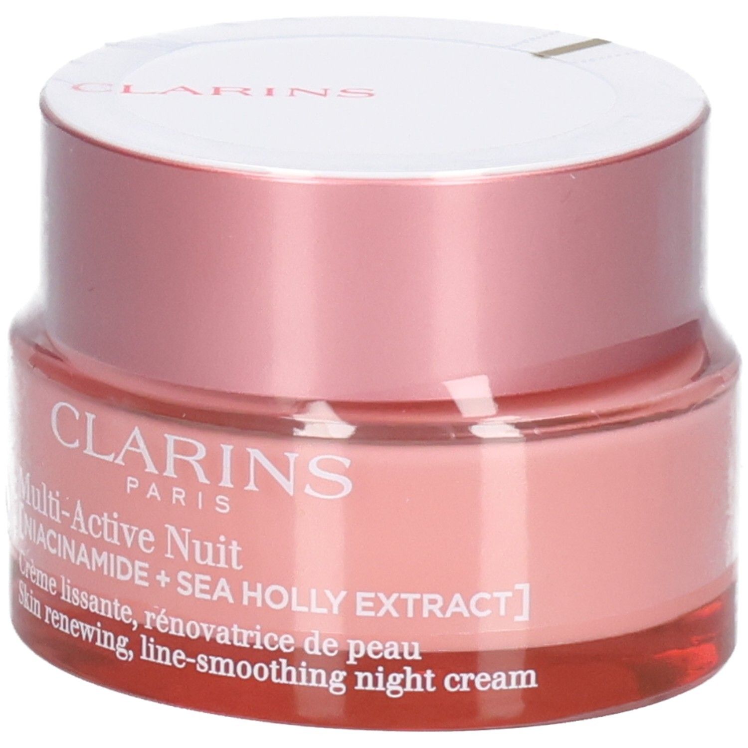 Crème de nuit Clarins Multi-Active Nuit dans un pot en verre rose avec un couvercle argenté.