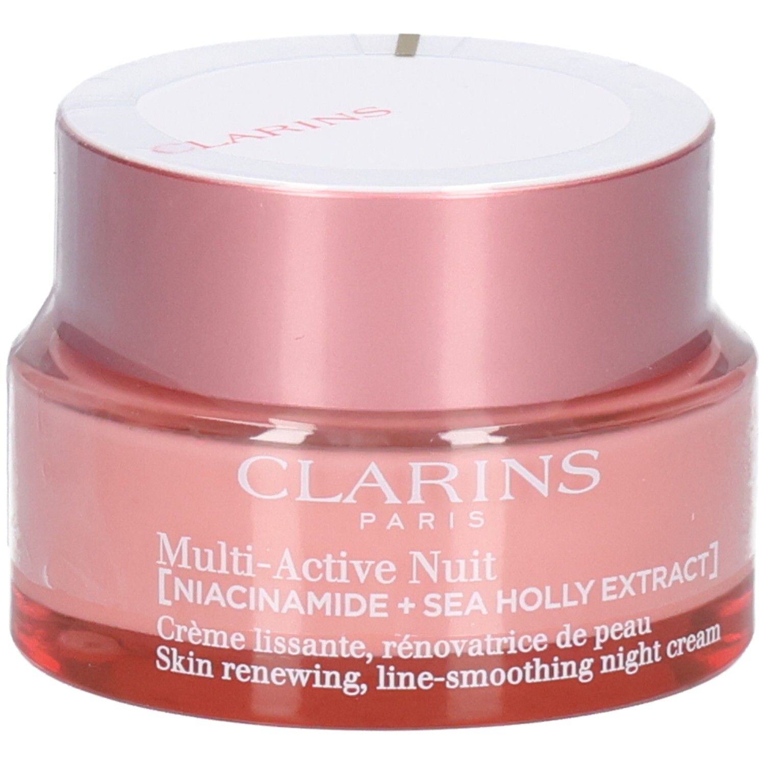 Crème de nuit Clarins Multi-Active Nuit dans un pot en verre rose avec un couvercle argenté.