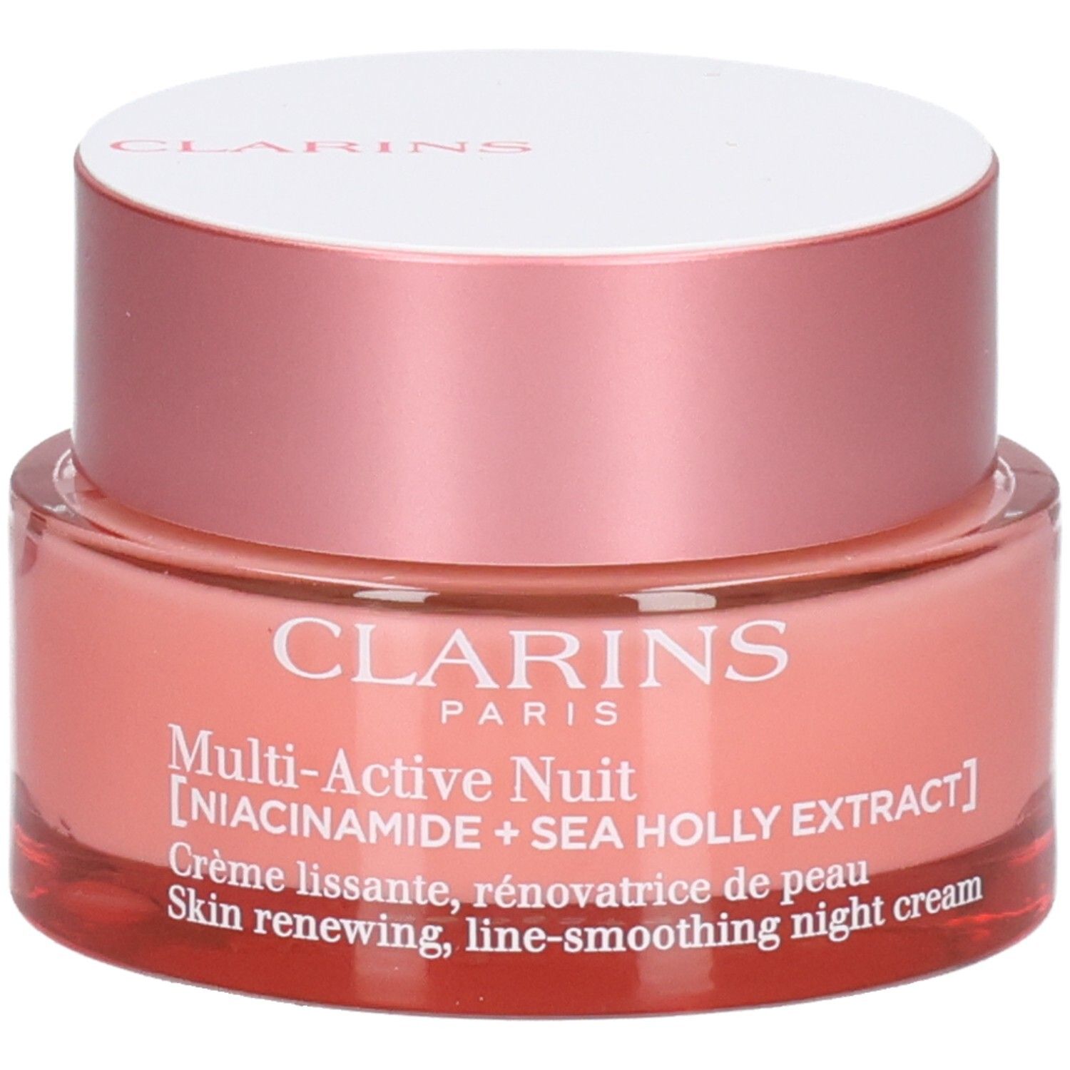 Clarins Multi-Active Nuit dans un pot en verre rose avec un couvercle blanc.