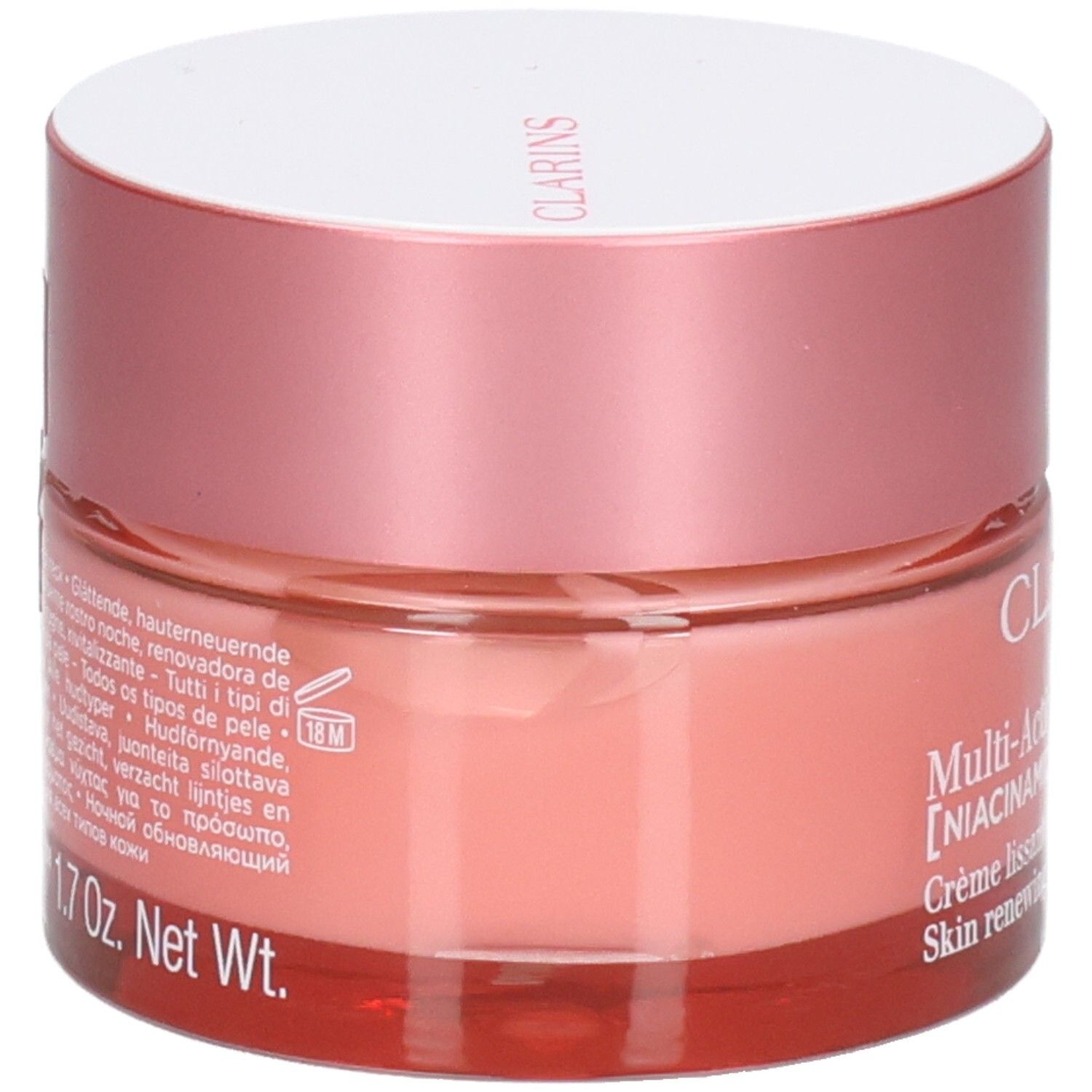 Clarins Multi-Active Nuit, vue latérale avec informations textuelles sur le verre.