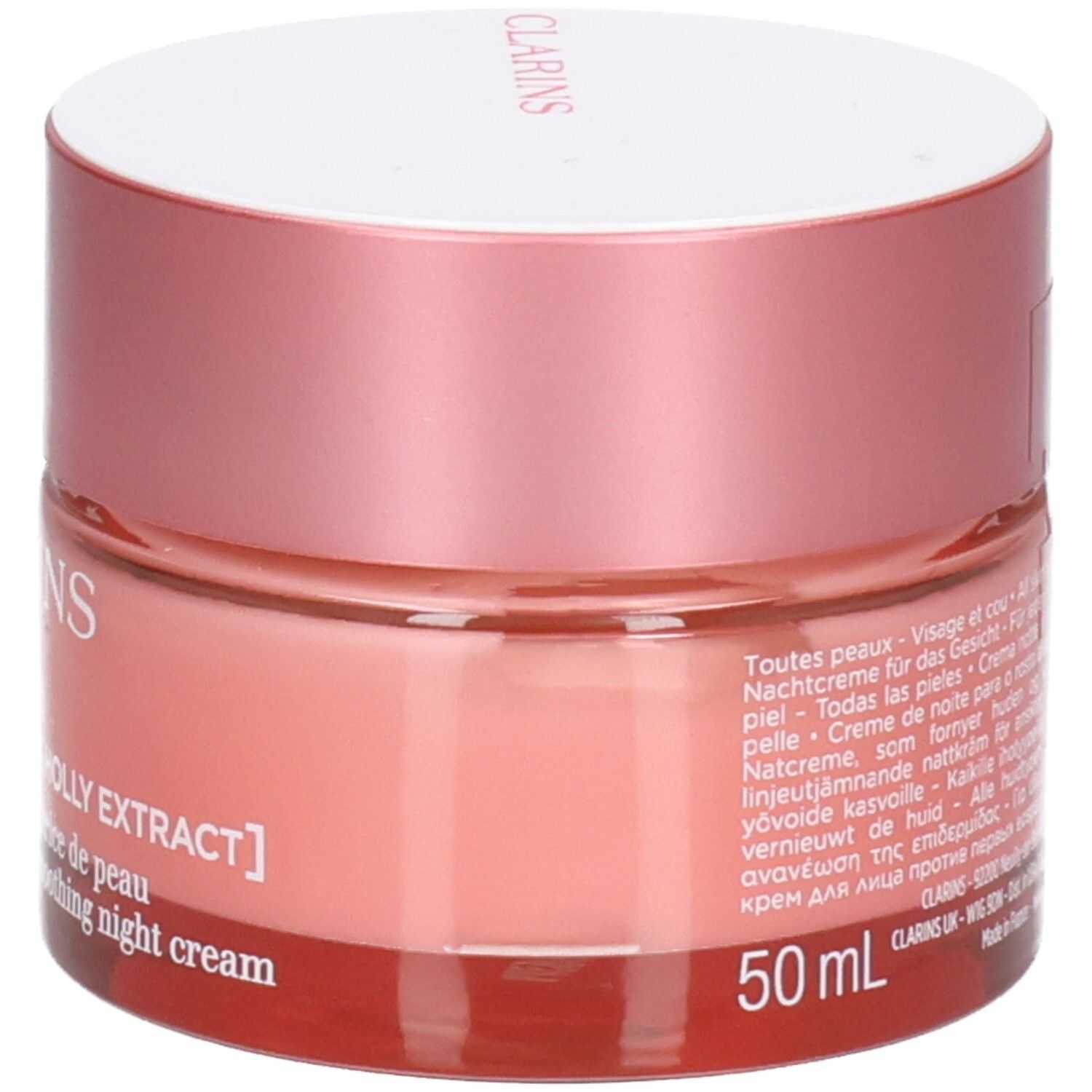 Clarins Multi-Active Nuit, pot en verre avec étiquette et texte multilingue.