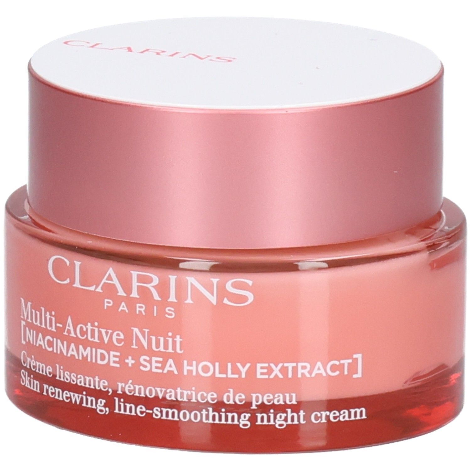 Clarins Multi-Active Nuit, pot en verre avec étiquette et texte, focus sur les ingrédients.